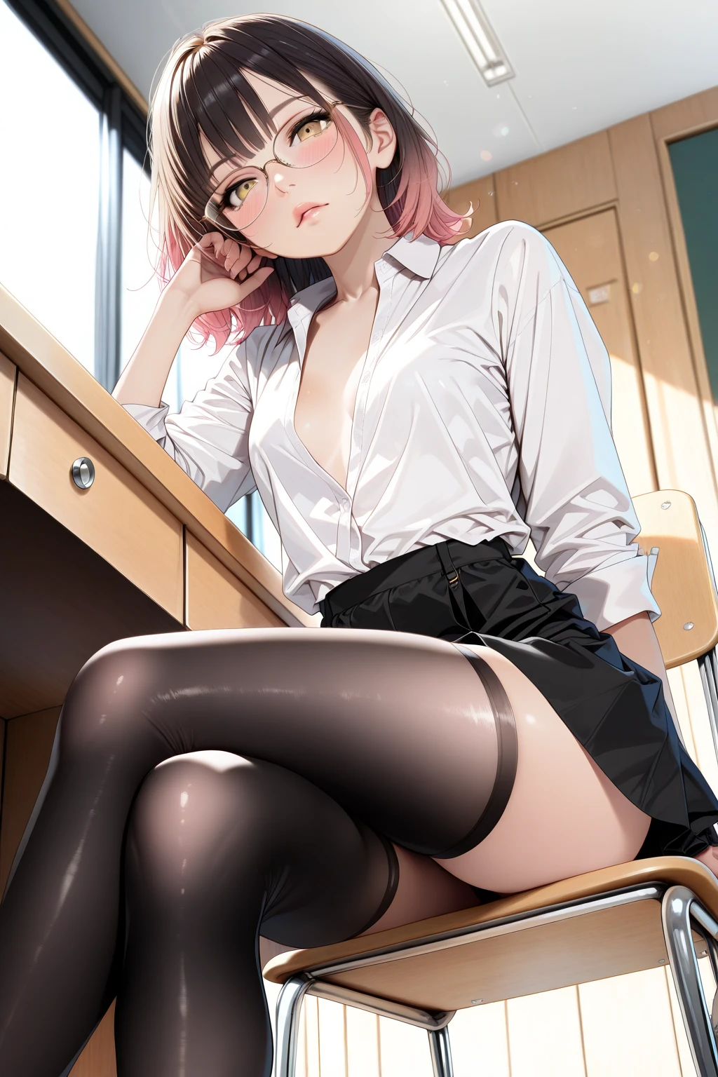 One Girl, alone, ((White shirt)), Black knee socks, With pride, Cleavage,Black panties,Show off your panties to your audience,Spread your ,脚をSpread your legs,I can see your pants,Spread your legs and show me your panties,Her shirt was turned up、Bra is visible,Spread your legs,Black bra,Big Ass,Big Breasts,Low - Angle,Chair下からのアングル, Cowboy Shot,uniform, officeの背景, Black Skirt, Pleated skirt, Very short skirt,pantyhose,office,E Cup, Look at the viewers, alone, Thighs ((masterpiece)), sit, Chair, desk work, Computer on the desk, Name tag, ID Tag, in house, blush,  pose、standing 
