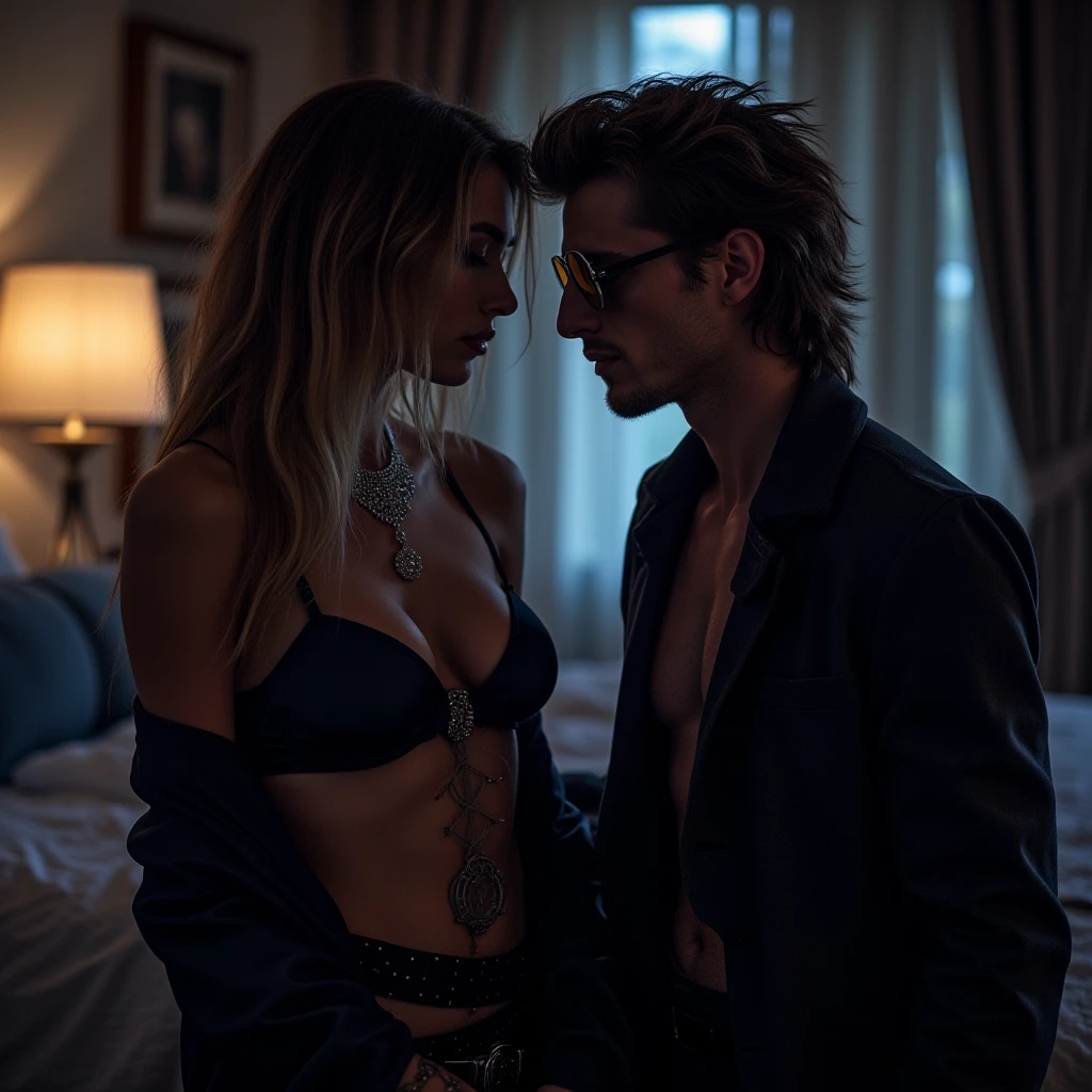 1 muscular and attractive man in underwear being hypnotized, Kissed and groped by a very skinny, effeminate, nerdy gay man. Hyperrealism, full body shot