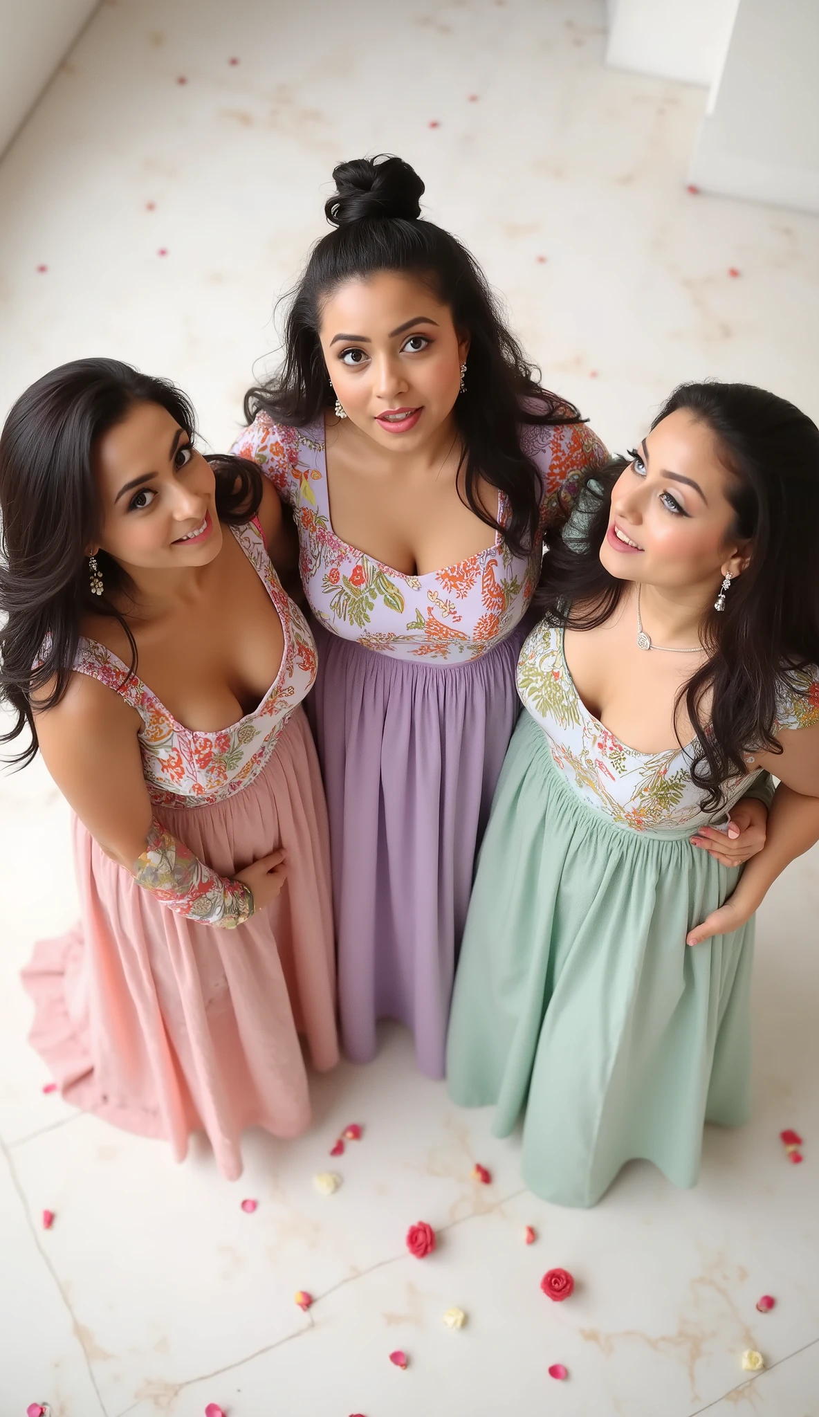 Three beautiful curvy female models stand together in a surprised expression, captured from a top-view perspective. Each has a uniquely cute and curvy face with widened expressive eyes and parted lips, as if reacting to unexpected news. They wear elegant, flowing dresses in pastel shades—blush pink, soft lavender, and mint green—that gracefully drape their curves. The top-down camera angle highlights their hairstyles—loose waves, a sleek bun, and layered curls—and emphasizes their dynamic poses against a marble floor scattered with rose petals. HD realistic, soft natural lighting from above, detailed facial features, and a sense of spontaneous emotion. Style: photorealistic, 8K, candid moment, high-fashion aesthetic."