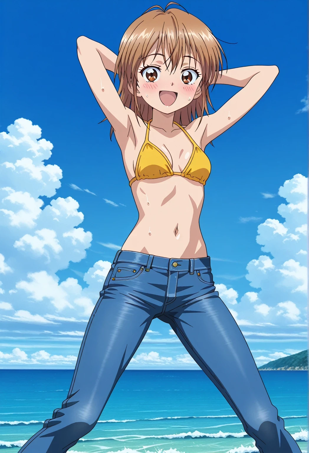 score_9, score_8_up, score_7_up, source_anime, highres, hi res, ((best quality, top quality, perfect quality, Highest Quality, amazing quality)), {{masterpiece}}, {{an extremely delicate and beautiful}}, 2d, intricate details, official style, anime, 8k, anime style, official_anime, official art, digital painting, cell shading, soft shading, high resolution, soothing tones, Subdued Color, Soft cinematic light, adobe lightroom, photolab, HDR, intricately and hyper-detailed, ((high quality animation)), 1 girl, Alone, solo, ((ocean)), tsunami, on the water, day, sunny, outdoors, sky, windy, nagisa misumi, long hair, brown hair, brown eyes, anime screencap, small breasts, yellow bikini top, best quality, hyper-detailed jeans, ((blue jeans:1.9)), (dark blue jeans:0.6), full medium body, medium shot, Open mouth, smiling, happy face, blush, sweat, standing, ((arms behind head:6.0)), bowlegged, jumping pose, action, looking at viewer, spread legs, Bend knees slightly, straight-on front view