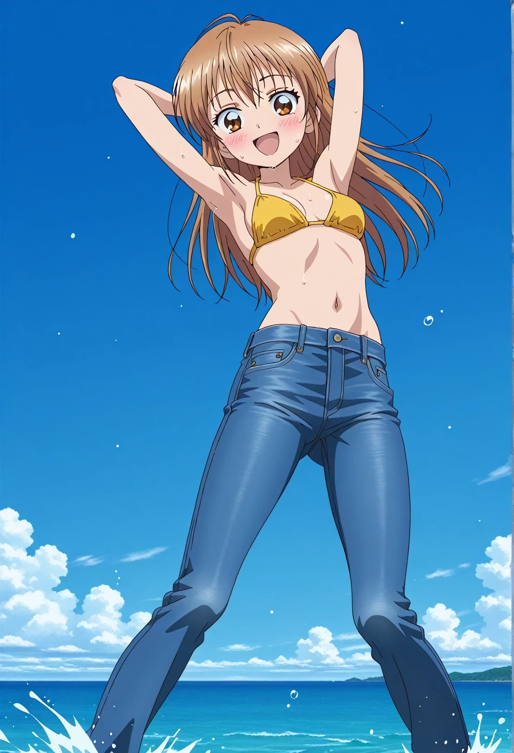 score_9, score_8_up, score_7_up, source_anime, highres, hi res, ((best quality, top quality, perfect quality, Highest Quality, amazing quality)), {{masterpiece}}, {{an extremely delicate and beautiful}}, 2d, intricate details, official style, anime, 8k, anime style, official_anime, official art, digital painting, cell shading, soft shading, high resolution, soothing tones, Subdued Color, Soft cinematic light, adobe lightroom, photolab, HDR, intricately and hyper-detailed, ((high quality animation)), 1 girl, Alone, solo, ((ocean)), tsunami, on the water, day, sunny, outdoors, sky, windy, nagisa misumi, long hair, brown hair, brown eyes, anime screencap, small breasts, yellow bikini top, best quality, hyper-detailed jeans, ((blue jeans:1.9)), (dark blue jeans:0.6), full medium body, medium shot, Open mouth, smiling, happy face, blush, sweat, standing, ((arms behind head:6.0)), bowlegged, jumping pose, action, looking at viewer, spread legs, Bend knees slightly, straight-on front view