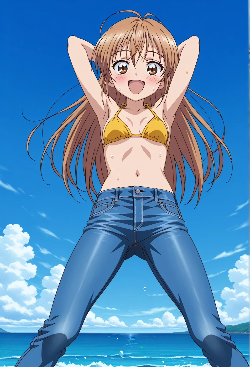 score_9, score_8_up, score_7_up, source_anime, highres, hi res, ((best quality, top quality, perfect quality, Highest Quality, amazing quality)), {{masterpiece}}, {{an extremely delicate and beautiful}}, 2d, intricate details, official style, anime, 8k, anime style, official_anime, official art, digital painting, cell shading, soft shading, high resolution, soothing tones, Subdued Color, Soft cinematic light, adobe lightroom, photolab, HDR, intricately and hyper-detailed, ((high quality animation)), 1 girl, Alone, solo, ((ocean)), tsunami, on the water, day, sunny, outdoors, sky, windy, nagisa misumi, very long hair, brown hair, brown eyes, anime screencap, small breasts, yellow bikini top, best quality, hyper-detailed jeans, ((blue jeans:1.9)), (dark blue jeans:0.6), full medium body, medium shot, Open mouth, smiling, happy face, blush, sweat, standing, ((arms behind head:6.0)), bowlegged, jumping pose, action, looking at viewer, spread legs, Bend knees slightly, straight-on front view