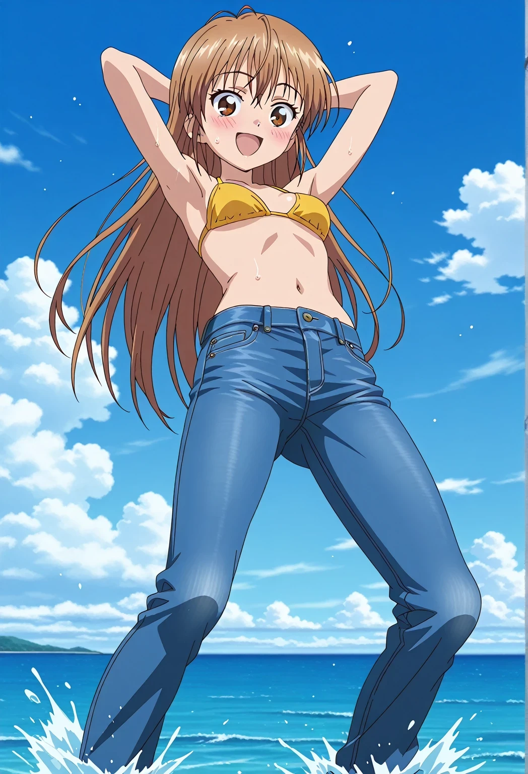 score_9, score_8_up, score_7_up, source_anime, highres, hi res, ((best quality, top quality, perfect quality, Highest Quality, amazing quality)), {{masterpiece}}, {{an extremely delicate and beautiful}}, 2d, intricate details, official style, anime, 8k, anime style, official_anime, official art, digital painting, cell shading, soft shading, high resolution, soothing tones, Subdued Color, Soft cinematic light, adobe lightroom, photolab, HDR, intricately and hyper-detailed, ((high quality animation)), 1 girl, Alone, solo, ((ocean)), tsunami, on the water, day, sunny, outdoors, sky, windy, nagisa misumi, very long hair, brown hair, brown eyes, anime screencap, small breasts, yellow bikini top, best quality, hyper-detailed jeans, ((blue jeans:1.9)), (dark blue jeans:0.6), full medium body, medium shot, Open mouth, smiling, happy face, blush, sweat, standing, ((arms behind head:6.0)), bowlegged, jumping pose, action, looking at viewer, spread legs, Bend knees slightly, straight-on front view