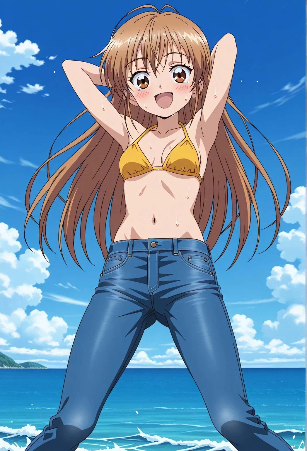 score_9, score_8_up, score_7_up, source_anime, highres, hi res, ((best quality, top quality, perfect quality, Highest Quality, amazing quality)), {{masterpiece}}, {{an extremely delicate and beautiful}}, 2d, intricate details, official style, anime, 8k, anime style, official_anime, official art, digital painting, cell shading, soft shading, high resolution, soothing tones, Subdued Color, Soft cinematic light, adobe lightroom, photolab, HDR, intricately and hyper-detailed, ((high quality animation)), 1 girl, Alone, solo, ((ocean)), tsunami, on the water, day, sunny, outdoors, sky, windy, nagisa misumi, very long hair, brown hair, brown eyes, anime screencap, small breasts, yellow bikini top, best quality, hyper-detailed jeans, ((blue jeans:1.9)), (dark blue jeans:0.6), full medium body, medium shot, Open mouth, smiling, happy face, blush, sweat, standing, ((arms behind head:6.0)), bowlegged, jumping pose, action, looking at viewer, spread legs, Bend knees slightly, straight-on front view