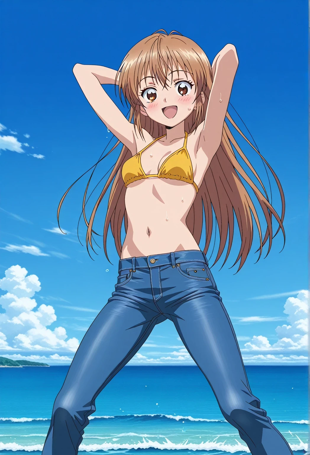score_9, score_8_up, score_7_up, source_anime, highres, hi res, ((best quality, top quality, perfect quality, Highest Quality, amazing quality)), {{masterpiece}}, {{an extremely delicate and beautiful}}, 2d, intricate details, official style, anime, 8k, anime style, official_anime, official art, digital painting, cell shading, soft shading, high resolution, soothing tones, Subdued Color, Soft cinematic light, adobe lightroom, photolab, HDR, intricately and hyper-detailed, ((high quality animation)), 1 girl, Alone, solo, ((ocean)), tsunami, on the water, day, sunny, outdoors, sky, windy, nagisa misumi, very long hair, brown hair, brown eyes, anime screencap, small breasts, yellow bikini top, best quality, hyper-detailed jeans, ((blue jeans:1.9)), (dark blue jeans:0.6), full medium body, medium shot, Open mouth, smiling, happy face, blush, sweat, standing, ((arms behind head:6.0)), bowlegged, jumping pose, action, looking at viewer, spread legs, Bend knees slightly, straight-on front view