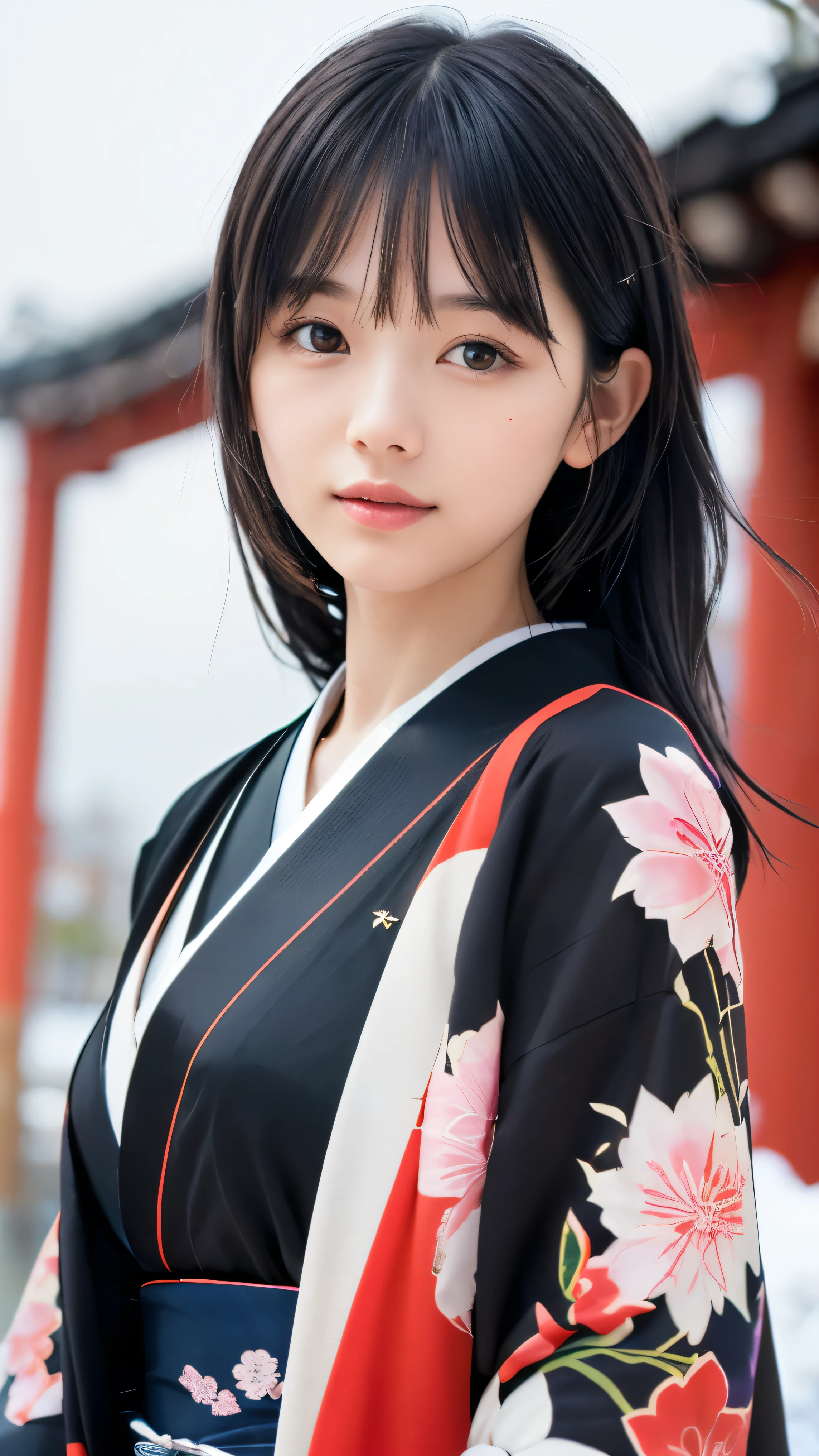 (Close up portrait of two side up black medium hair with bangs girl in beautiful colorful kimono:1.5)、(One girl is  enshrining a shrine in Japan with smiles:1.3)、(A shrine in Japan with a winter blue sky and snow:1.5)、(8k ultra detailed master piece:1.5)、(perfect anatomy:1.5)、(Photorealistic stick:1.5)、(Raw photo:1.3)、(highest quality:1.5)、(High resolution:1.3)、(Delicate and beautiful perfect face:1.3)、(Delicate and beautiful eye air skin:1.3)、(Real Human Skin:1.3)、((thin legs))