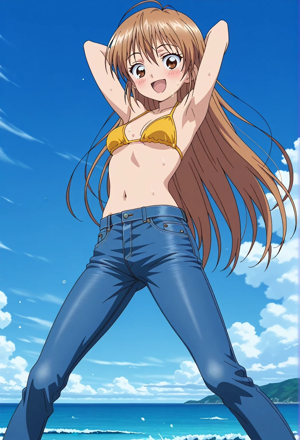 score_9, score_8_up, score_7_up, source_anime, highres, hi res, ((best quality, top quality, perfect quality, Highest Quality, amazing quality)), {{masterpiece}}, {{an extremely delicate and beautiful}}, 2d, intricate details, official style, anime, 8k, anime style, official_anime, official art, digital painting, cell shading, soft shading, high resolution, soothing tones, Subdued Color, Soft cinematic light, adobe lightroom, photolab, HDR, intricately and hyper-detailed, ((high quality animation)), 1 girl, Alone, solo, ((ocean)), tsunami, on the water, day, sunny, outdoors, sky, windy, nagisa misumi, very long hair, brown hair, brown eyes, anime screencap, small breasts, yellow bikini top, best quality, hyper-detailed jeans, ((blue jeans:1.9)), (dark blue jeans:0.6), full medium body, medium shot, Open mouth, smiling, happy face, blush, sweat, standing, ((arms behind head:6.0)), bowlegged, jumping pose, action, looking at viewer, spread legs, Bend knees slightly, straight-on front view