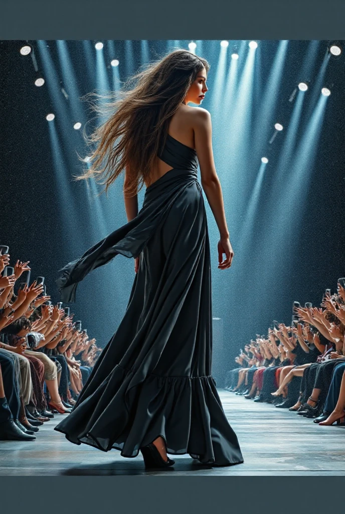 Ink wash portrait painting, composition portraying, a stunning young runway female model, walking the runway, while absorbing, jaw-dropping faces to her body-fitting mini-skirt imitating the inspirational designs of Danna Karan,  (createdbyttyym).