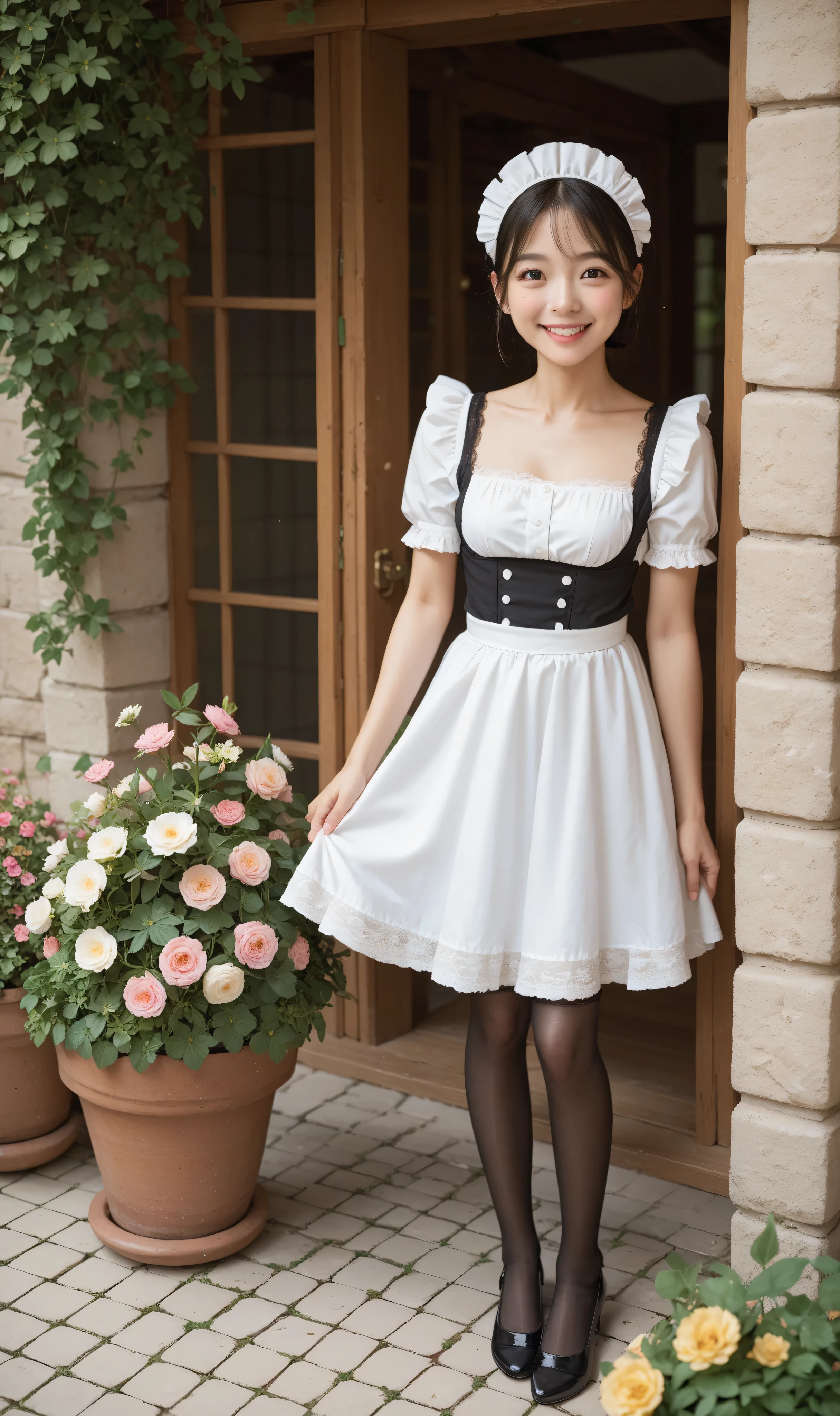 one girl、maids,Look at the audience,(skinny:1.19),(younger:0.95),from above,slouches forward,(big boobs:0.06),Watering flowers outside the mansion,japanese,(Smile Yang:1.05),black lace stockings
