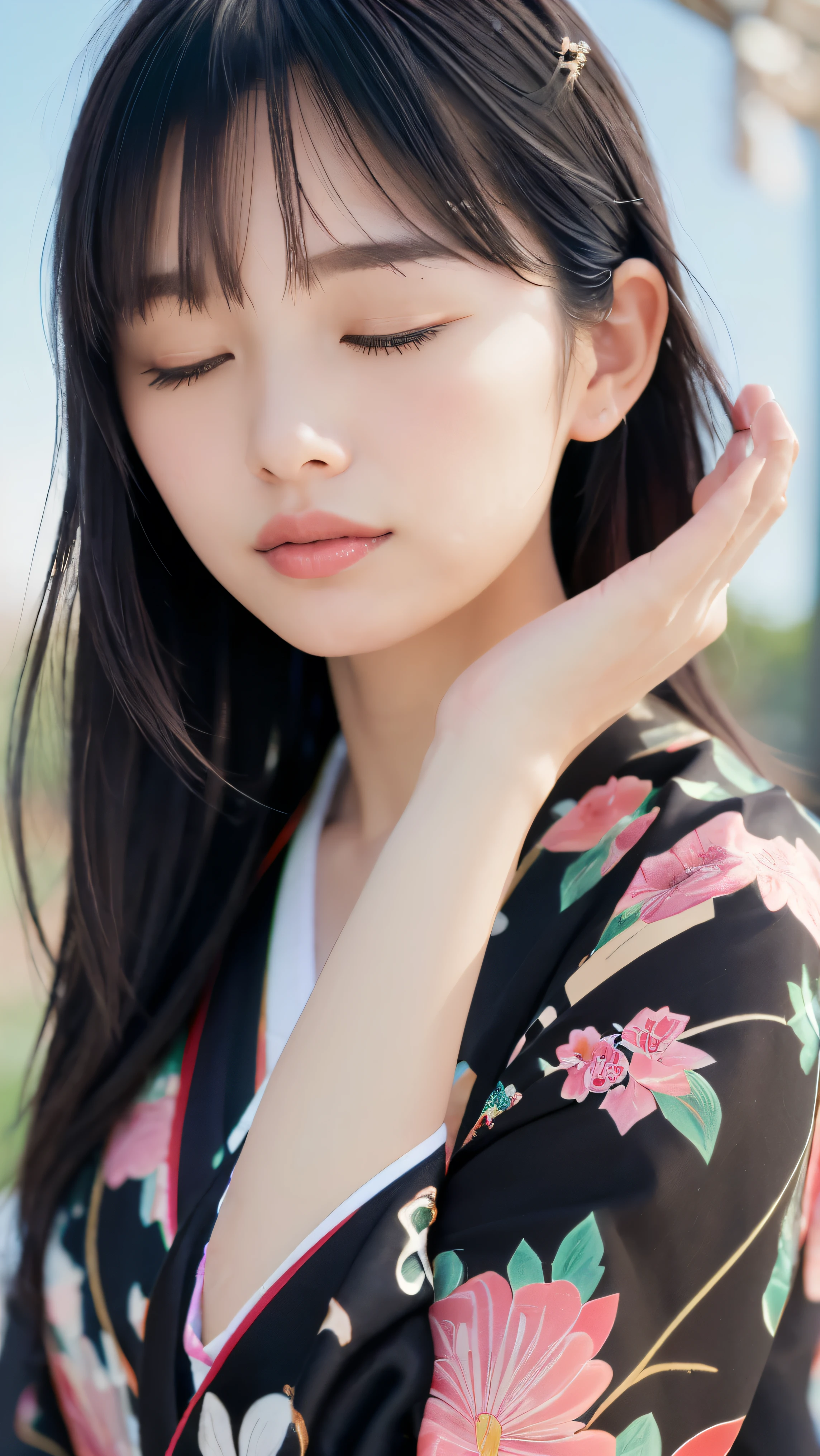 (Close up portrait of two side up black medium hair with bangs in a beautiful colorful kimono:1.5)、(One lady praying with her eyes closed and palms together at a shrine in Japan:1.5)、(A shrine in Japan with a winter sky:1.5)、(8k ultra detailed master piece:1.5)、(perfect anatomy:1.5)、(Photorealistic stick:1.5)、(Raw photo:1.3)、(highest quality:1.5)、(High resolution:1.3)、(Delicate and beautiful perfect face:1.3)、(Delicate and beautiful eye air skin:1.3)、(Real Human Skin:1.3)、((thin legs))