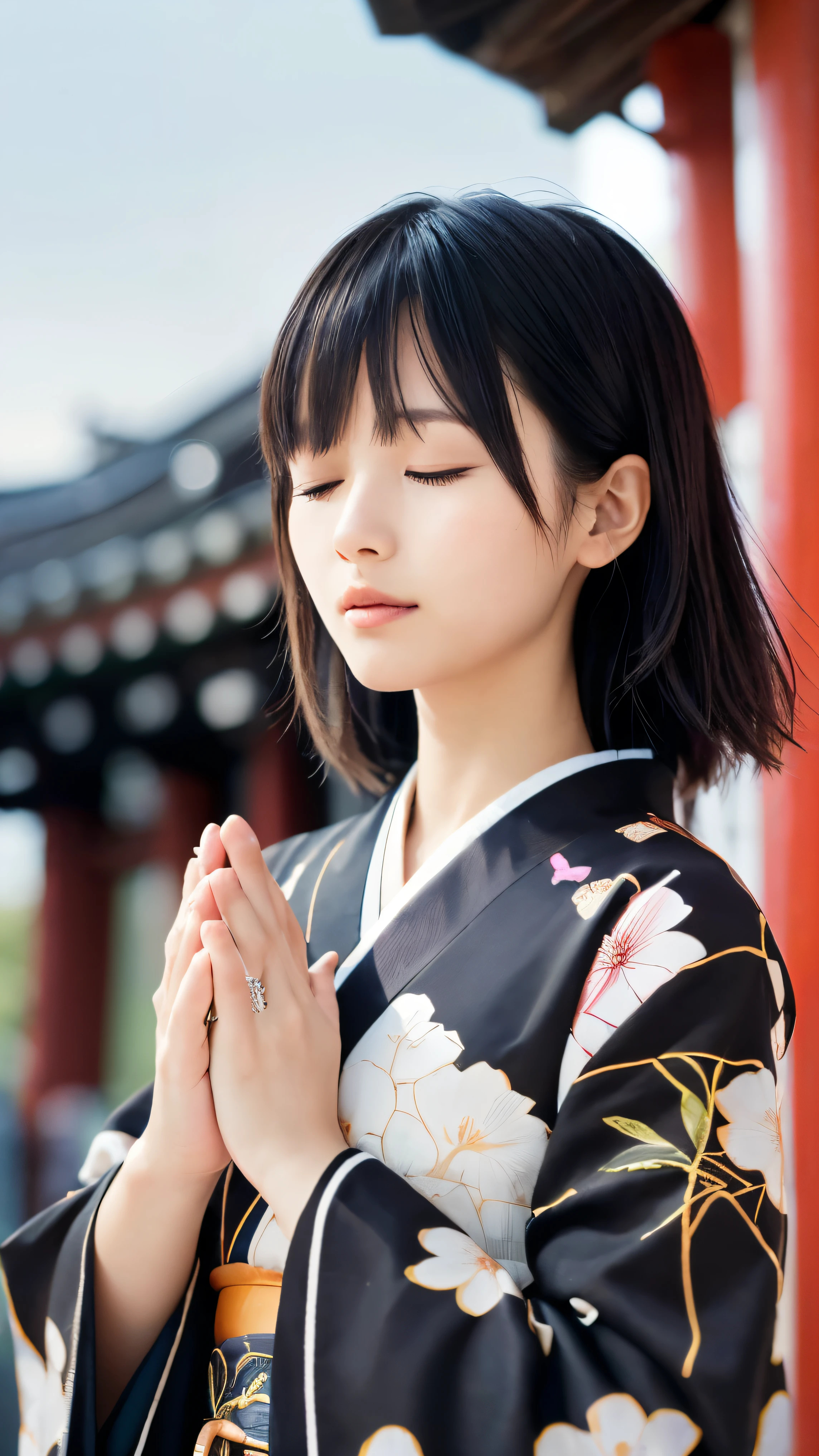 (Close up portrait of two side up black medium hair with bangs in a beautiful colorful floral pattern kimono:1.5)、(One lady praying with her eyes closed and palms together at a shrine in Japan:1.5)、(A shrine in Japan with a winter sky:1.5)、(8k ultra detailed master piece:1.5)、(perfect anatomy:1.5)、(Photorealistic stick:1.5)、(Raw photo:1.3)、(highest quality:1.5)、(High resolution:1.3)、(Delicate and beautiful perfect face:1.3)、(Delicate and beautiful eye air skin:1.3)、(Real Human Skin:1.3)、((thin legs))
