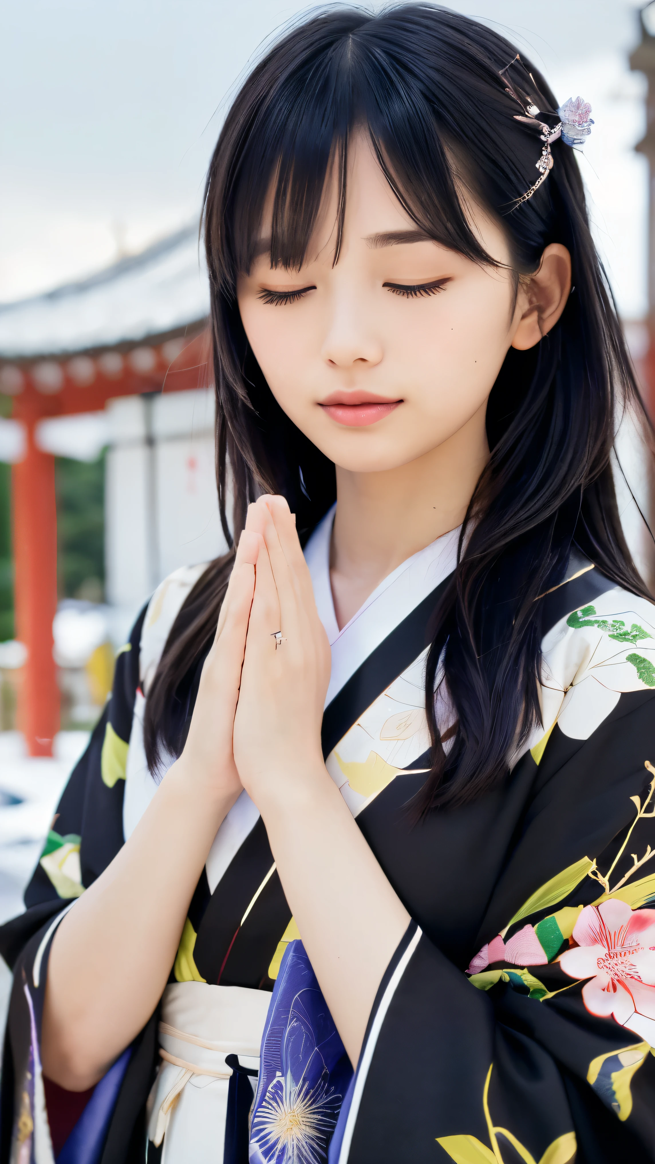 (Close up portrait of two side up black medium hair with bangs in a beautiful colorful floral pattern kimono:1.5)、(One lady praying with her eyes closed and palms together at a shrine in Japan:1.5)、(A shrine in Japan with a winter sky:1.5)、(8k ultra detailed master piece:1.5)、(perfect anatomy:1.5)、(Photorealistic stick:1.5)、(Raw photo:1.3)、(highest quality:1.5)、(High resolution:1.3)、(Delicate and beautiful perfect face:1.3)、(Delicate and beautiful eye air skin:1.3)、(Real Human Skin:1.3)、((thin legs))