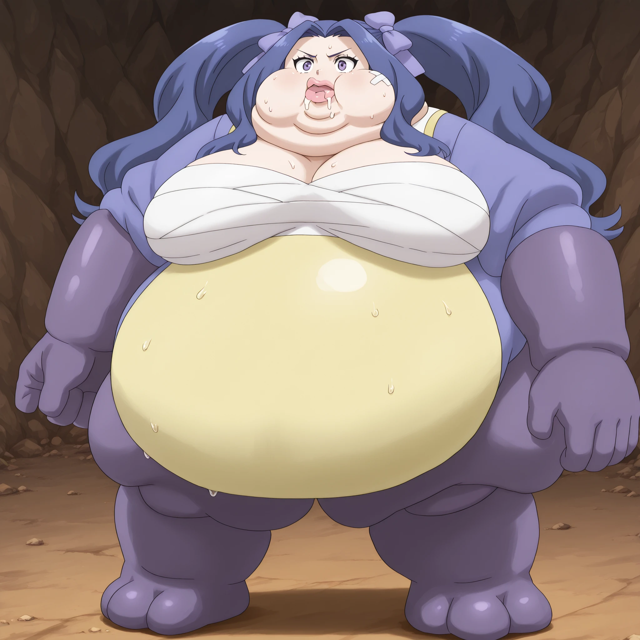 lips, thick lips, pokemon (creature), no humans, 1girl, solo, meltyqm, hair bow, bandage body, blank_stare, empty_stare,  fat, chubby, obese, gigantic arms and legs, large breasts, sweating, wet body, swollen face, Fat_neck , Fat head , eyes with crushed cheeks , nose with crushed cheeks , mouth with crushed cheeks , chin roll,
only head, large head, oversized limbs, large hands, large feet, oversized feet, oversized fingers, big lips, plump lips, fat face, fupa, big fupa, fat fupa, drooling 