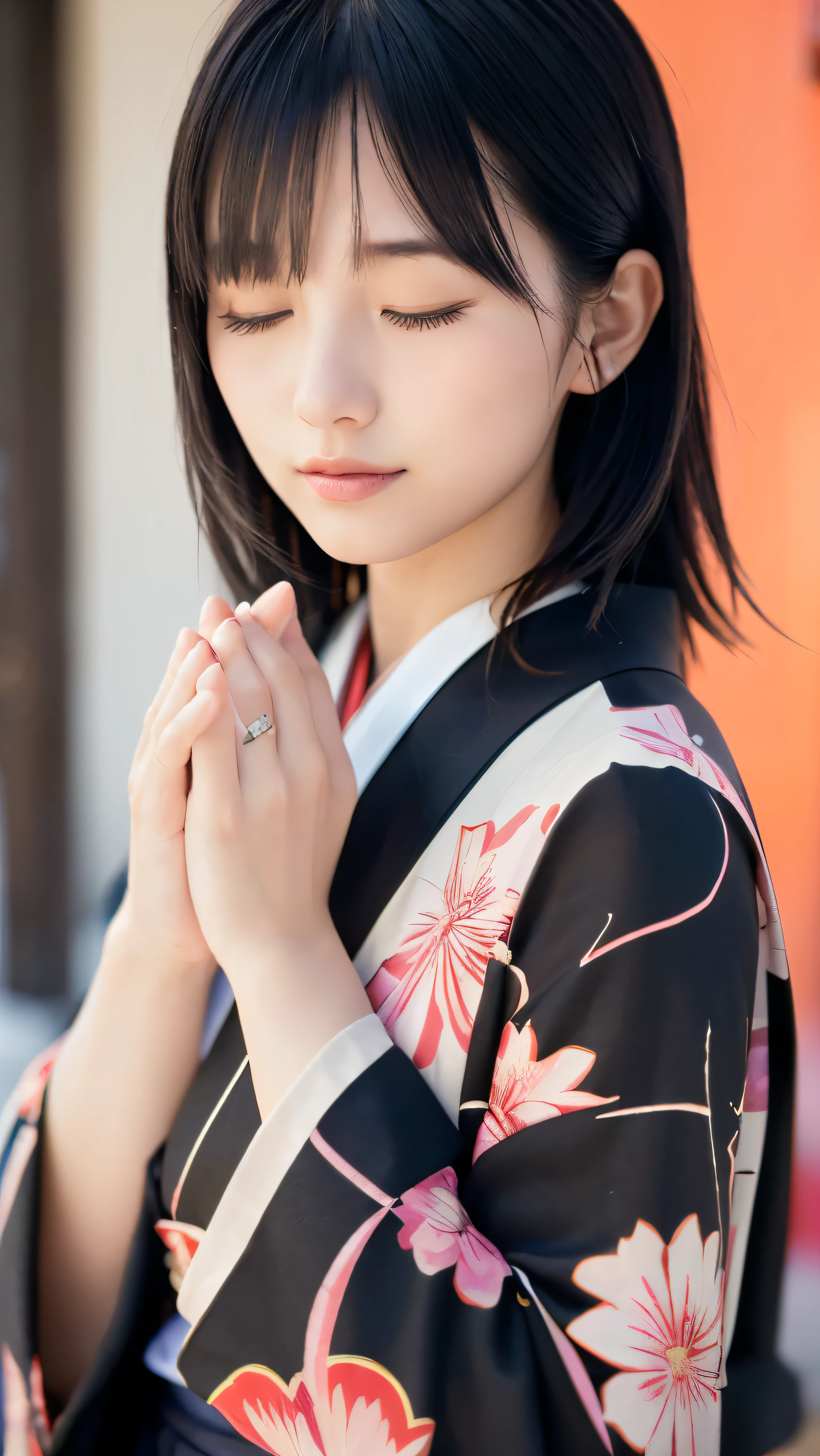 (Close up portrait of two side up black medium hair with bangs in a beautiful colorful floral pattern kimono:1.5)、(One lady praying with her eyes closed and palms together at a shrine in Japan:1.5)、(A shrine in Japan with a winter sunset red sky:1.5)、(8k ultra detailed master piece:1.5)、(perfect anatomy:1.5)、(Photorealistic stick:1.5)、(Raw photo:1.3)、(highest quality:1.5)、(High resolution:1.3)、(Delicate and beautiful perfect face:1.3)、(Delicate and beautiful eye air skin:1.3)、(Real Human Skin:1.3)、((thin legs))