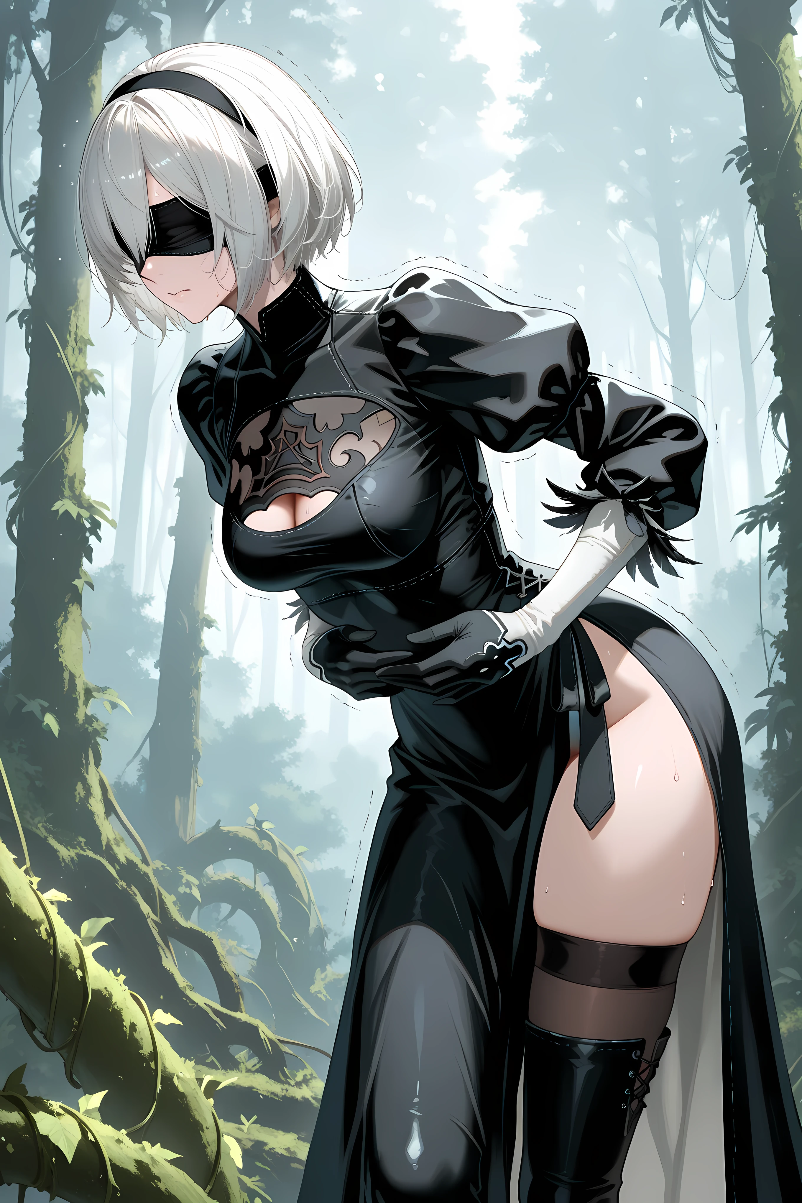 nier2Bdef, 1girl, solo, white hair, black hairband, short hair, black blindfold, black dress, thigh slit, black gloves, puffy sleeves, black thighhighs,Solo, general, masterpiece, highres, ultra-detailed, hyper-detailed, best quality, amazing quality, very aesthetic, best hands, best eyes, best hand
adult woman, 1woman, hand on own stomach, sweat, leaning forward, nervous, scared, trembling legs,
open field, huge forest, abandoned budling background, overgrown vine,