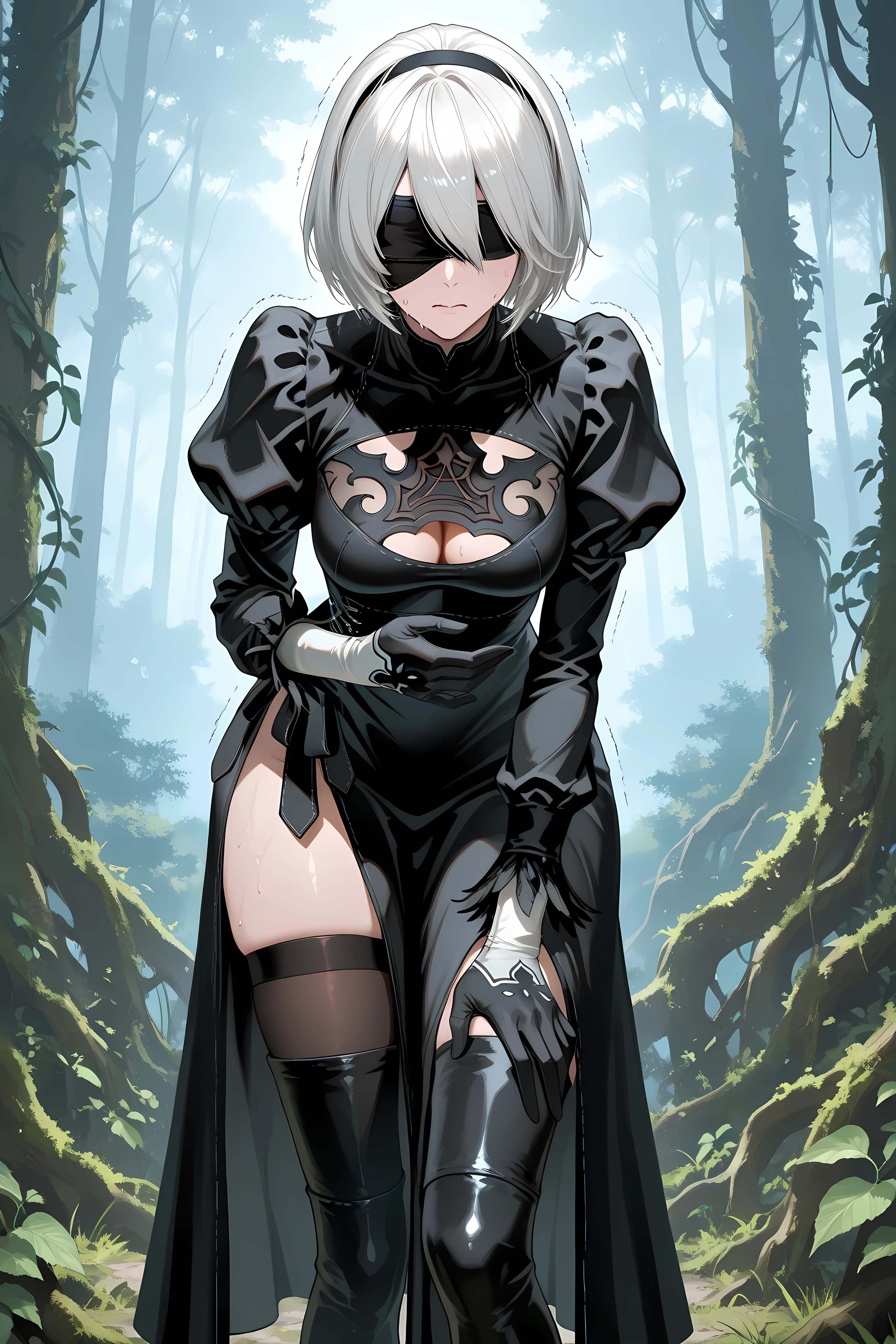nier2Bdef, 1girl, solo, white hair, black hairband, short hair, black blindfold, black dress, thigh slit, black gloves, puffy sleeves, black thighhighs,Solo, general, masterpiece, highres, ultra-detailed, hyper-detailed, best quality,  amazing quality, very aesthetic, best hands, best eyes, best hand
adult woman, 1woman, hand on own stomach, sweat,  leaning forward, nervous, scared, trembling legs,

open field, huge forest, abandoned budling background, overgrown vine,