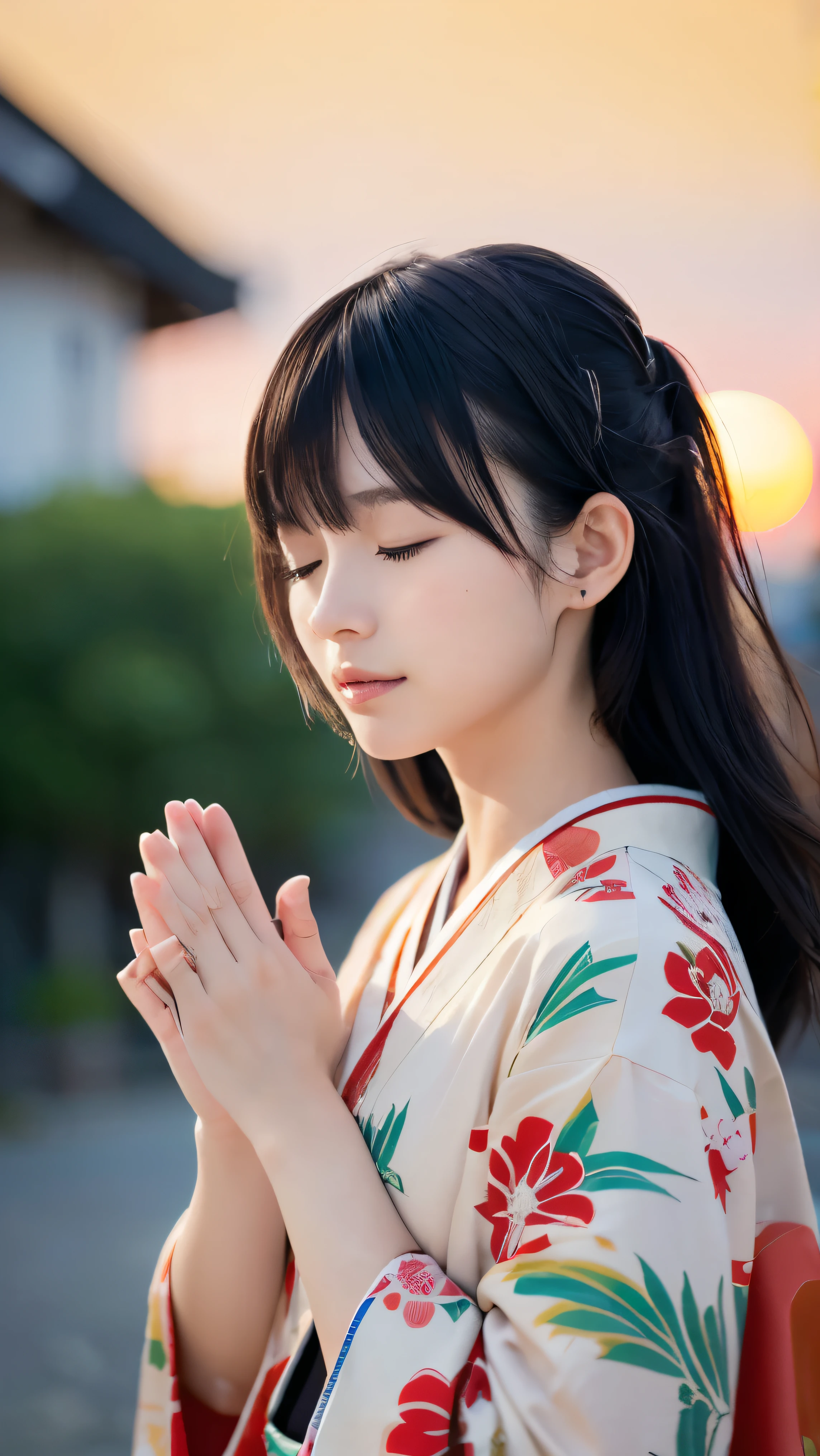 (Close up portrait of two side up black medium hair with bangs in a beautiful colorful floral pattern kimono:1.5)、(One lady praying with her eyes closed and palms together at a shrine in Japan:1.5)、(A shrine in Japan with a winter sunset red sky:1.5)、(8k ultra detailed master piece:1.5)、(perfect anatomy:1.5)、(Photorealistic stick:1.5)、(Raw photo:1.3)、(highest quality:1.5)、(High resolution:1.3)、(Delicate and beautiful perfect face:1.3)、(Delicate and beautiful eye air skin:1.3)、(Real Human Skin:1.3)、((thin legs))