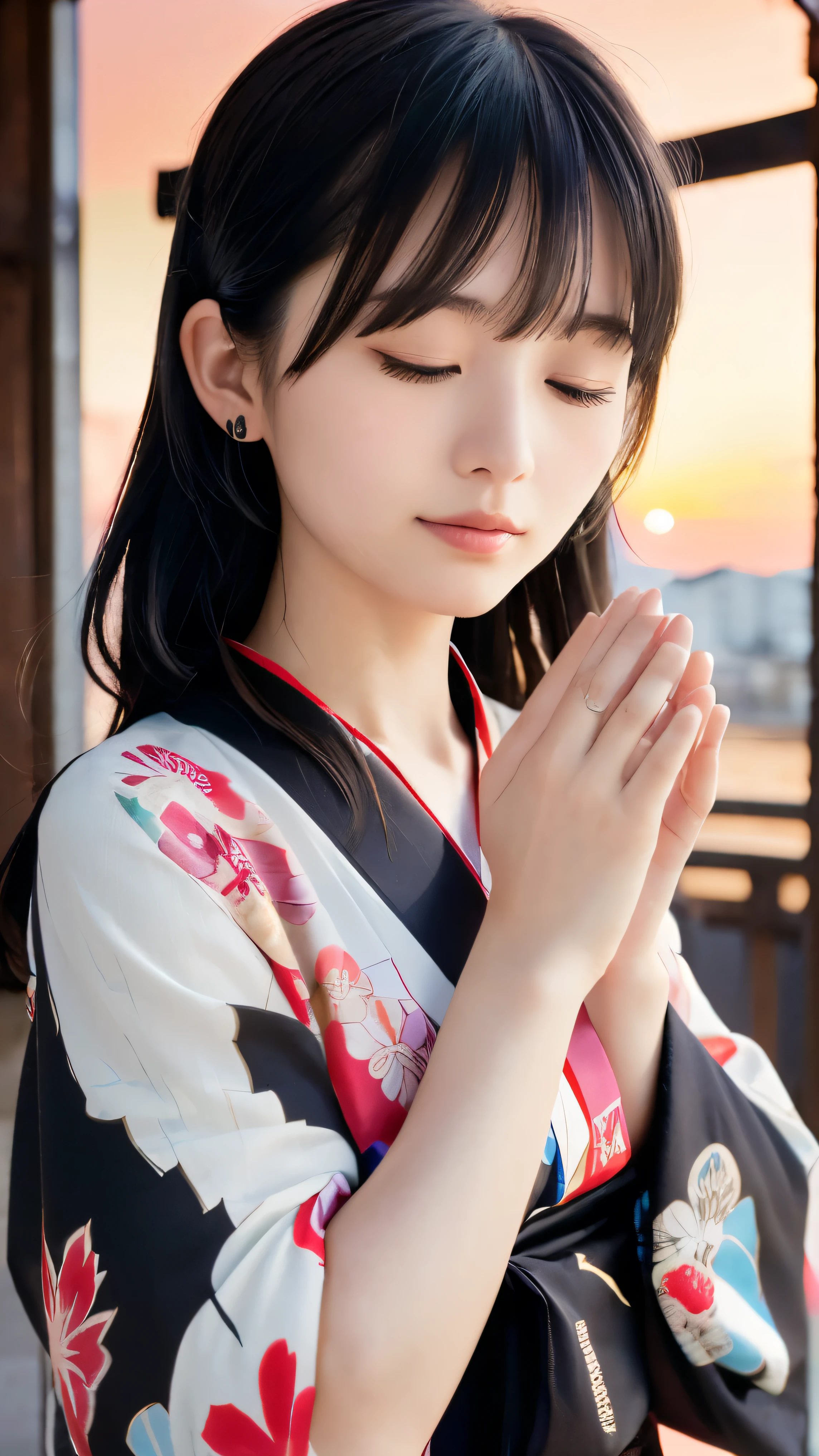 (Close up portrait of two side up black medium hair with bangs in a beautiful colorful floral pattern kimono:1.5)、(One lady praying with her eyes closed and palms together at a shrine in Japan:1.5)、(A shrine in Japan with a winter sunset red sky:1.5)、(8k ultra detailed master piece:1.5)、(perfect anatomy:1.5)、(Photorealistic stick:1.5)、(Raw photo:1.3)、(highest quality:1.5)、(High resolution:1.3)、(Delicate and beautiful perfect face:1.3)、(Delicate and beautiful eye air skin:1.3)、(Real Human Skin:1.3)、((thin legs))