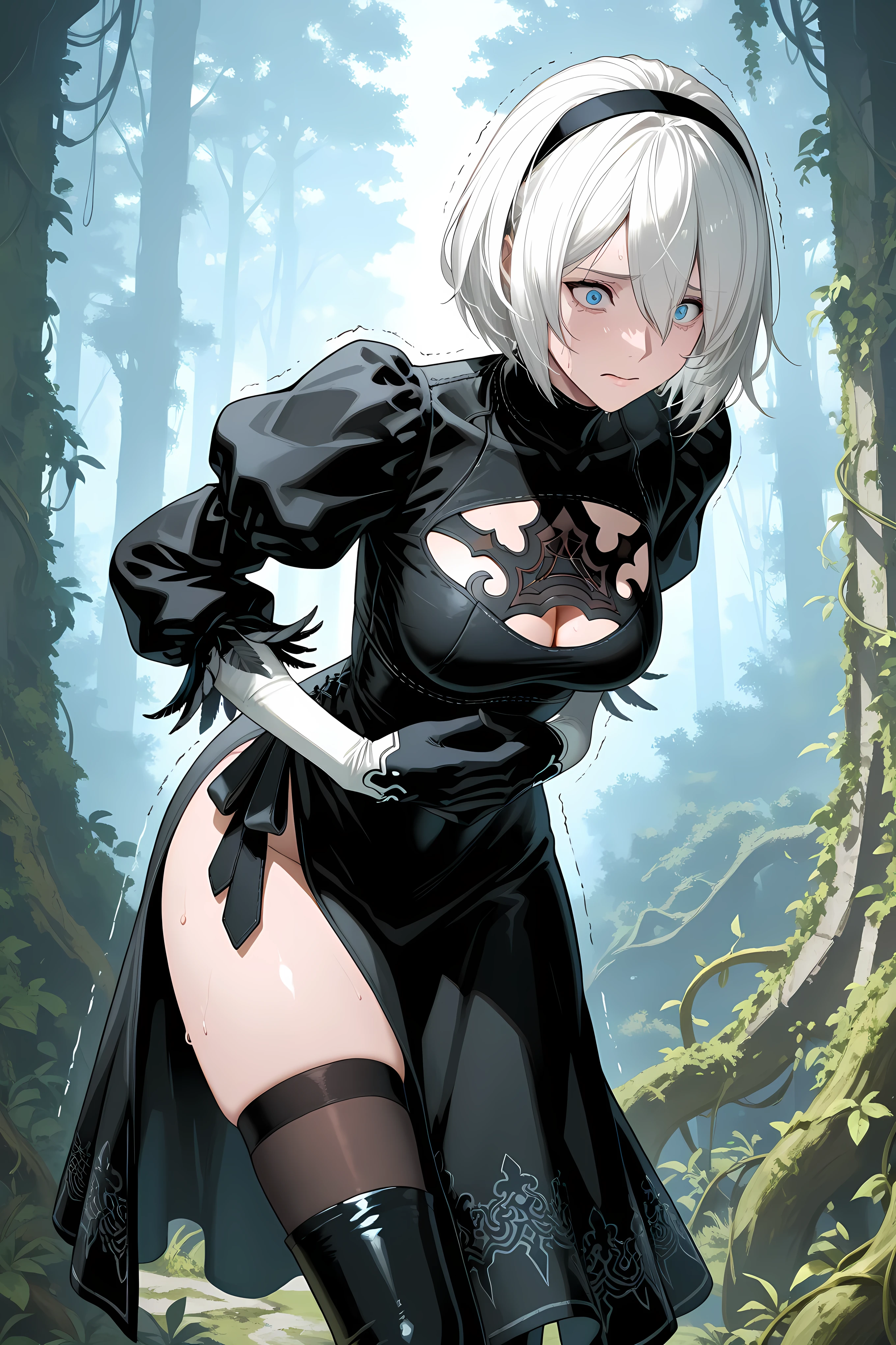 nier2Bdef, 1girl, blue eyes, solo, white hair, black hairband, short hair, black dress, thigh slit, black gloves, puffy sleeves, black thighhighs,Solo, general, masterpiece, highres, ultra-detailed, hyper-detailed, best quality,  amazing quality, very aesthetic, best hands, best eyes, best hand
adult woman, 1woman, hand on own stomach, sweat,  leaning forward, nervous, scared, trembling legs,

open field, huge forest, abandoned budling background, overgrown vine,