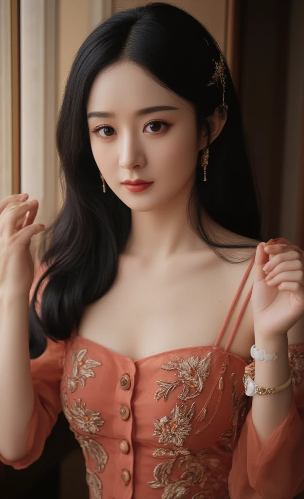 (Extremely meticulous CG),(((8k))),wallpaper,(Portrait above the :1.3),((Extremely refined and beautiful)),(((Masterpiece))),(((best qualtiy))),(((Ultra High Resolution))),beautiful light up,realistic shaded,(Smooth and flawless fair skin:1.5),(Extremely exquisite  details:1.2),(ultra-detailed:1.5),((a beautiful girl,solo)),(shoulder length straight bob hair:1.3),(small head:1.2),(princess crown:1.2),(slender face:1.2),(Exquisite makeup:1.3),(smiling:1.2),(laughing:1.2),(blush:1.3),(perfect body:1.2),(earrings:1.2),(crystal necklace:1.3),(Bracelet:1.2),(Gorgeous red Gothic ruffled evening dress:1.5),((slim,thin)),(small :1.2),(flat chests:1.2),(slender legs:1.2),( pantyhose:1.5),(high heels:1.3),(from above:1.3),(top view:1.3),(lying flat on back on the bed:1.5),(arms behind back:1.3),(In a luxurious hotel bedroom:1.5),(Extremely luxurious decoration:1.5),(warm neon lights:1.3),(indoor:1.2),(Cyberpunk style:1.3),(detailed background:1.5),(night scene:1.5),(upper body:1.3),