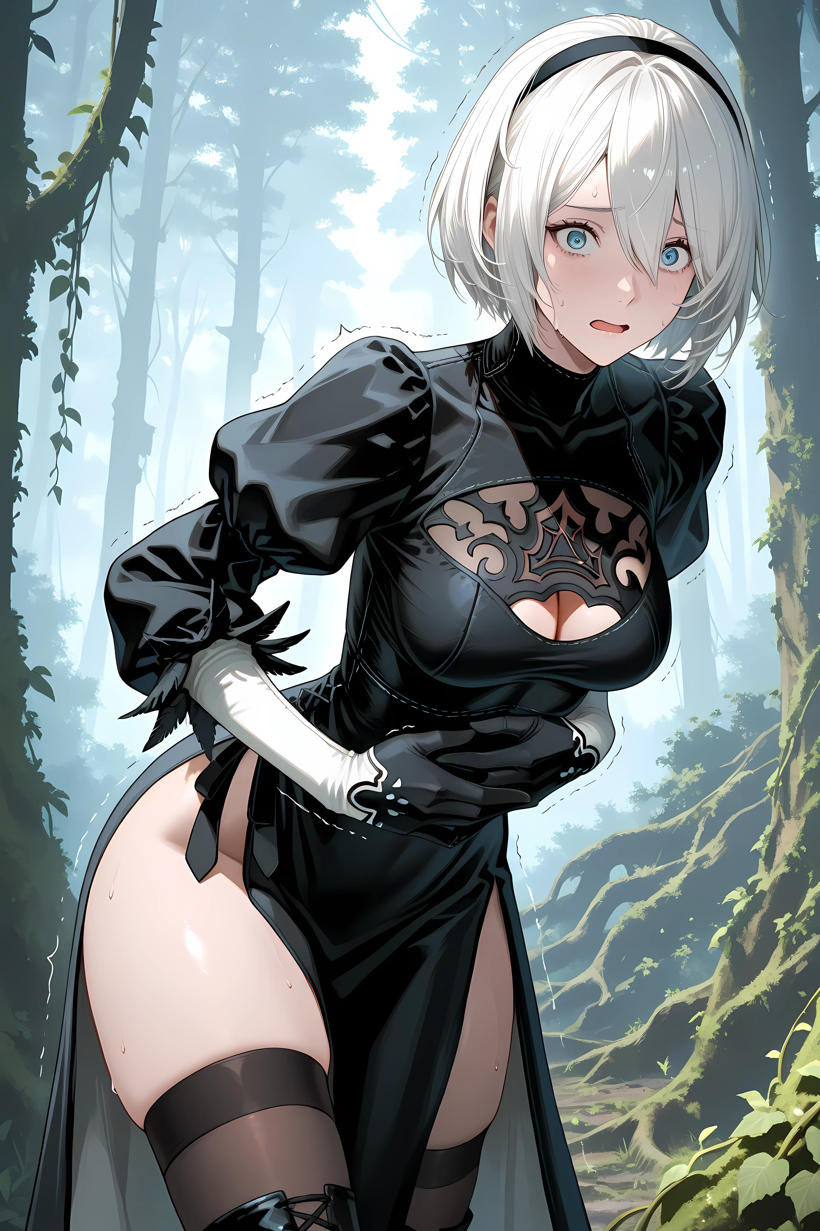 nier2Bdef, 1girl, blue eyes, solo, white hair, black hairband, short hair, black dress, thigh slit, black gloves, puffy sleeves, black thighhighs, cowboy shot,
Solo, general, masterpiece, highres, ultra-detailed, hyper-detailed, best quality, amazing quality, very aesthetic, best hands, best eyes, best hand
adult woman, 1woman, hand on own stomach, sweat, leaning forward, nervous, scared, trembling legs,
open field, huge forest, abandoned budling background, overgrown vine,