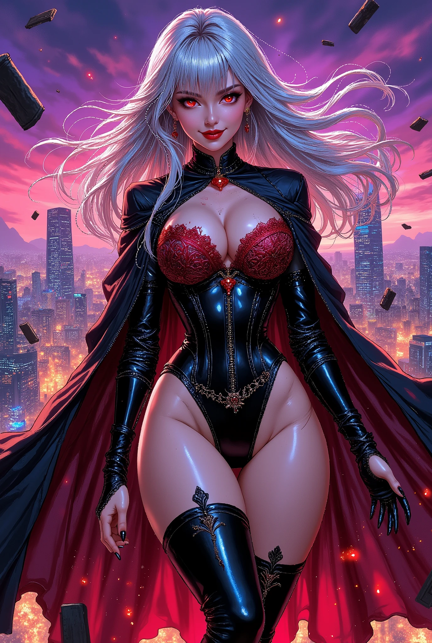 A dynamic and colorful manga-style illustration of a seductive scarlet-eyed temptress, mid-20s, with long flowing silver hair cascading wildly, sharp alluring features, full red lips curved in a mischievous smile, piercing crimson eyes glowing with supernatural allure. She wears a form-fitting black leather corset with intricate red lace details, thigh-high boots, and flowing dark cape billowing in the wind, standing provocatively on a rooftop at dusk overlooking a neon-lit cyberpunk city. Her pose is dynamic, one hand on her hip, the other extended with subtle magical energy sparks, evoking temptation and mystery. Vibrant color palette with bold contrasts: deep purples, fiery reds, electric blues from city lights; high energy lines, exaggerated expressions, dramatic shading, speed lines for movement. Full body view, intricate linework, cel-shaded, ultra-detailed backgrounds with flying debris and distant skyscrapers, in the style of dynamic manga artists like CLAMP and Takehiko Inoue, high resolution, anime aesthetics with a touch of fantasy sensuality
