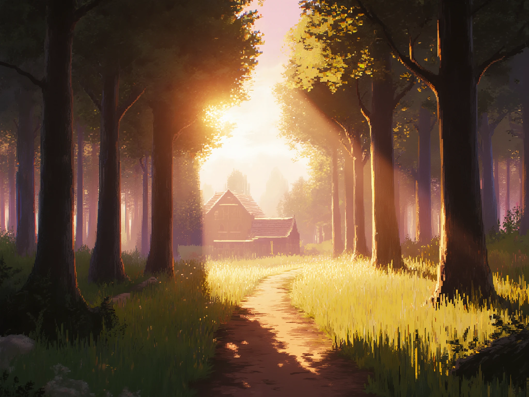 “Pixel art HD-2D forest path leading to a distant village, sunlight filtering through treetops, warm colors, glowing grass and soft shadows, peaceful RPG vibe, Octopath Traveler style with rich lighting and perspective depth”