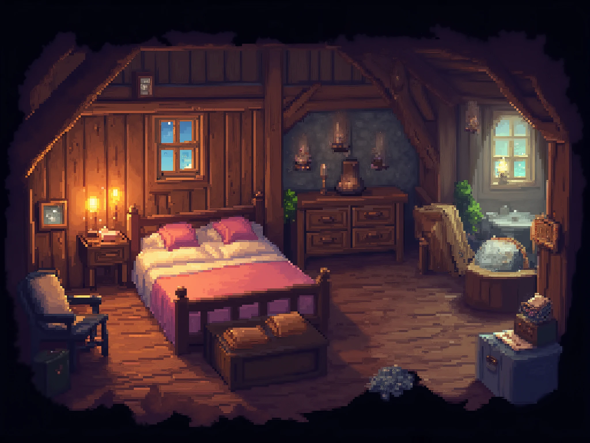 A modelo está usando óculos de so“Pixel art HD-2D fantasy inn bedroom inspired by Octopath Traveler, cozy medieval room with a large wooden bed, soft candlelight and warm lantern glow, wooden furniture, chest at the foot of the bed, small window with moonlight entering, detailed pixel shading, warm atmosphere, cinematic lighting and depth of field; on one side a private bathing area with wooden tub filled with steaming water, stone floor and towels, faint light reflecting on the water, HD-2D perspective and textures, fantasy RPG interior setting”l de vidro com estrelas e a lua no vidro