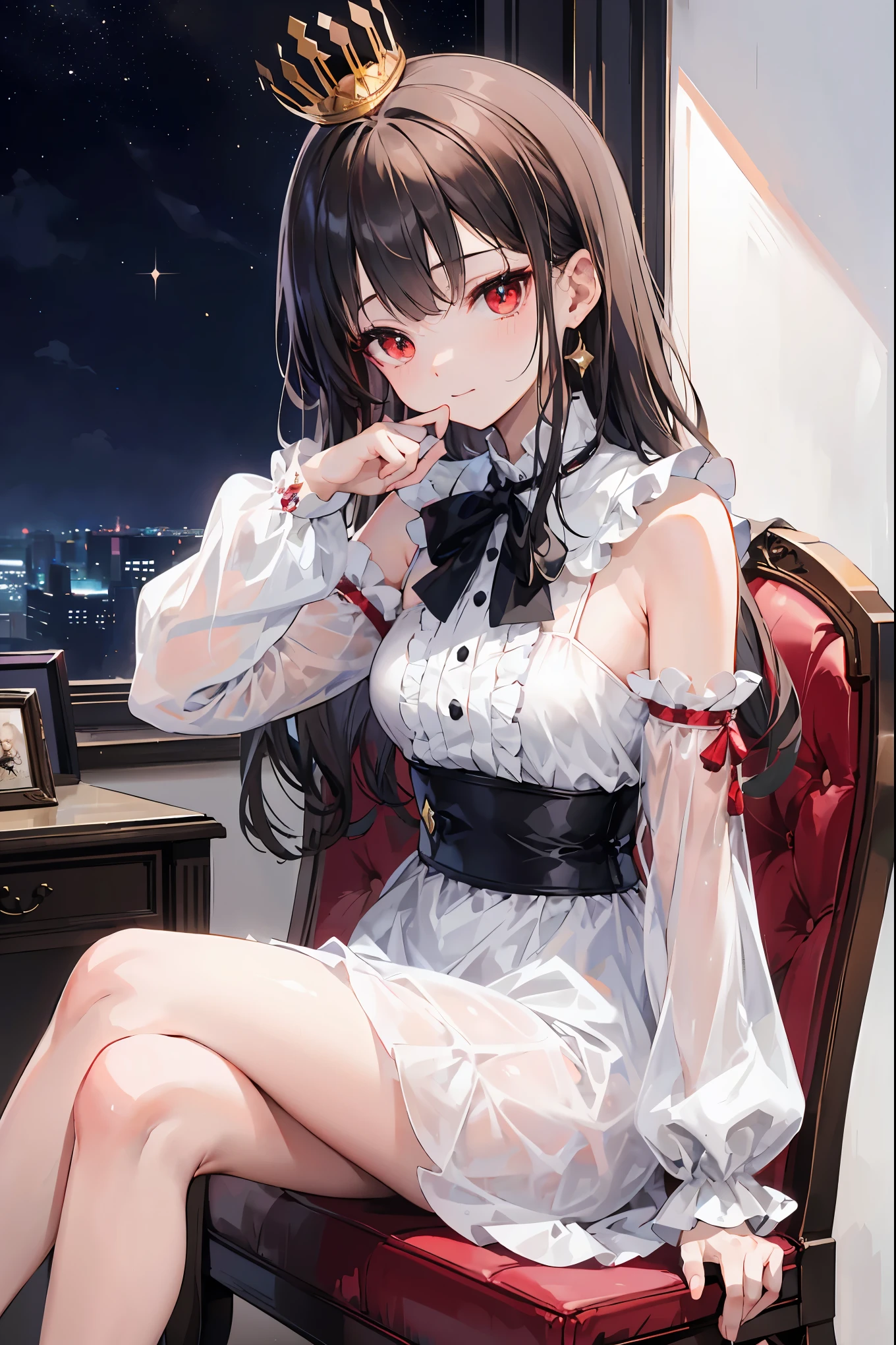 (((red eyes)))、(((Gold crown)))、night，A bewitching crimson eyed fairy with high quality red eyes and a sad expression、Sitting on a splendid chair in an abandoned castle、It looks like they are crossing their legs。luxurious crown，brown hair，shortcuts，unkempt hair，long skirt that comes off the shoulder straps，Short braided hair，Neat，slender beauty，correct posture，small breasted，Beautiful legs，Enchanting Gray-Blue Eyes Shine Like Stars，Saggy Eyes，Brilliant Colors,beautiful eyes,A delicate smile,Textured Skin,Best quality at its best,gentle and beautiful woman,anime style､darkness and moonlight shining in the background、there are multiple old portraits hanging that make you feel the passage of time。meteor、空から降り注ぐmeteor、無数のmeteor群、the color of determination floats in her mouth、a small flame shines thinly。detailed 4K rendering,Ultra High Definition,Photographic Realism,Professional,Extremely colorful,bokeh