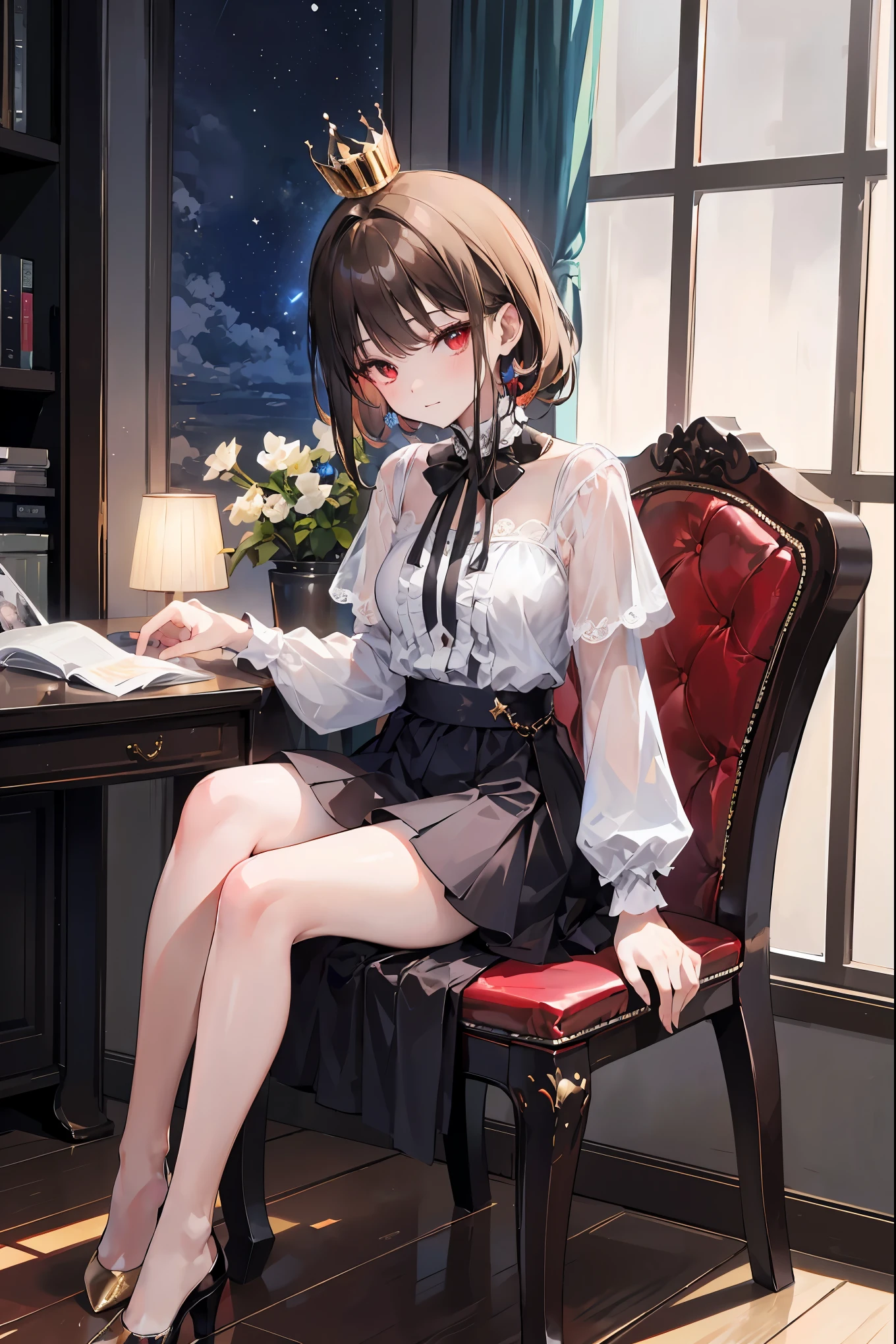 (((red eyes)))、(((Gold crown)))、night，A bewitching crimson eyed fairy with high quality red eyes and a sad expression、Sitting on a splendid chair in an abandoned castle、It looks like they are crossing their legs。luxurious crown，brown hair，shortcuts，unkempt hair，long skirt that comes off the shoulder straps，Short braided hair，Neat，slender beauty，correct posture，small breasted，Beautiful legs，Enchanting Gray-Blue Eyes Shine Like Stars，Saggy Eyes，Brilliant Colors,beautiful eyes,A delicate smile,Textured Skin,Best quality at its best,gentle and beautiful woman,anime style､darkness and moonlight shining in the background、there are multiple old portraits hanging that make you feel the passage of time。meteor、空から降り注ぐmeteor、無数のmeteor群、the color of determination floats in her mouth、a small flame shines thinly。detailed 4K rendering,Ultra High Definition,Photographic Realism,Professional,Extremely colorful,bokeh