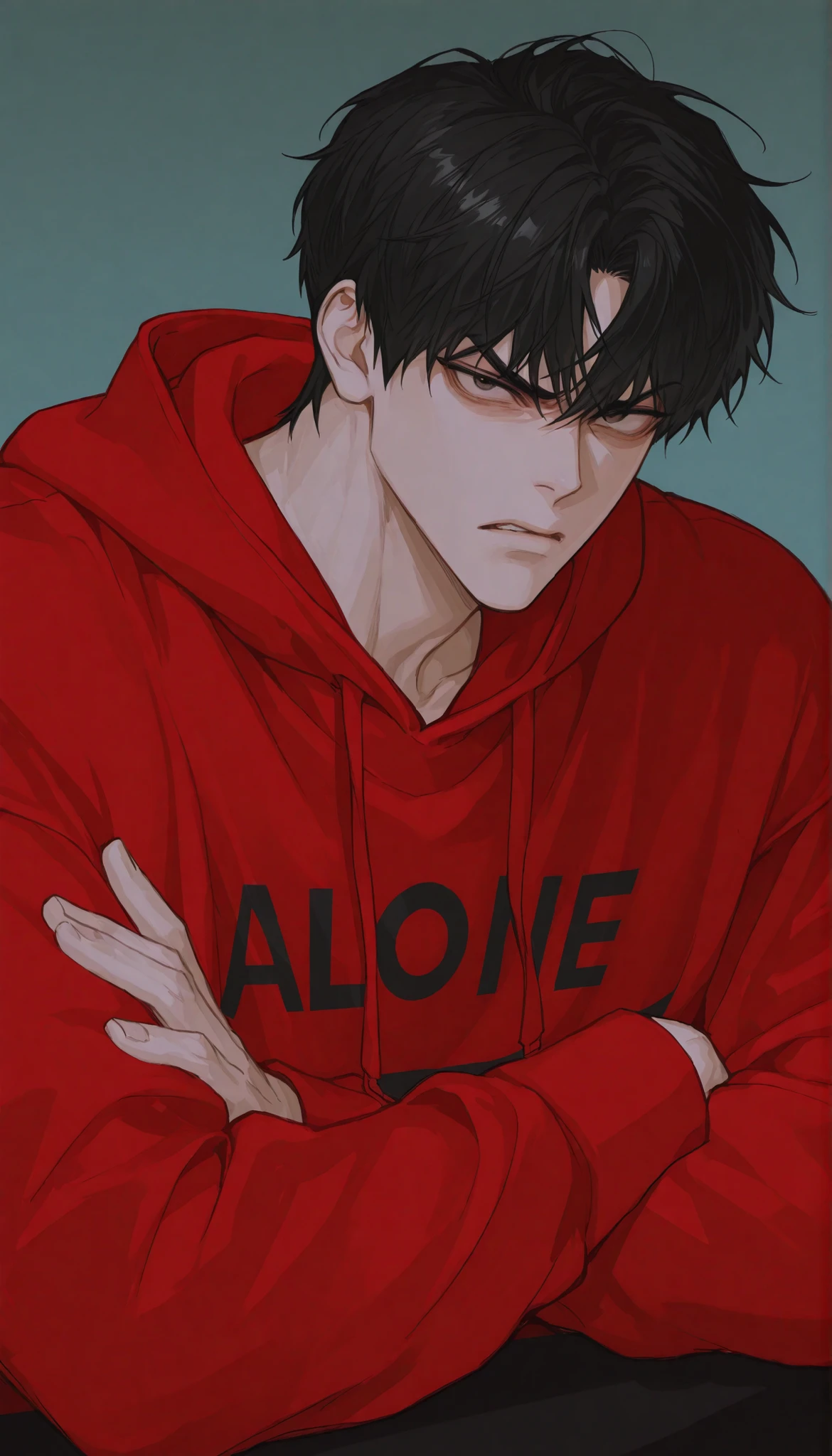 1 male、 solo, alone、hair is black、short hair、 red hoodie、black hair, muscled, glaring at viewer、arms crossed