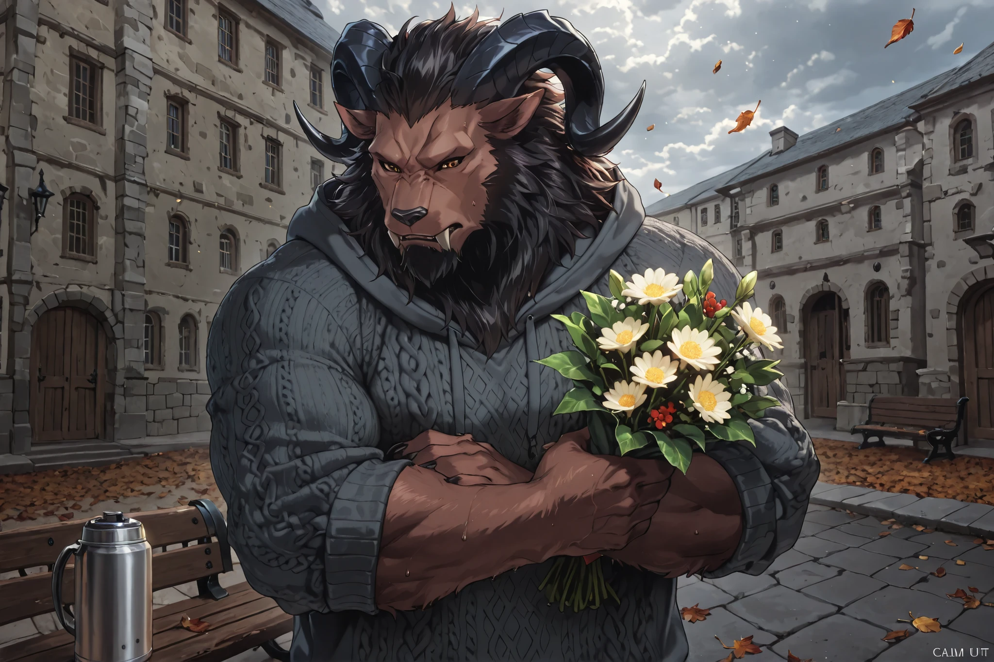 A majestic anthropomorphic beast man inspired by high fantasy aesthetics, standing in a typical Russian residential courtyard during mid-October. The atmosphere is cold, gray, and cloudy — muddy streets, puddles, fallen leaves, and concrete panel buildings in the background. The beast has a proud, masculine posture and holds a small bouquet of bright autumn flowers and a metal thermos beside a wooden bench. The beast has short, dense, and finely detailed fur of deep brown with subtle warm highlights, a thick black mane with a slight wave, and large curved black horns with a natural sheen. His eyes are red, calm but expressive, with a noble, mature face and clearly defined features. The style combines realism and anime fantasy — detailed anatomy, visible muscle structure, expressive facial texture, and realistic fur shading. Clothing: a thick, slightly oversized sweater or hoodie with visible knit texture. The fabric folds naturally over his strong arms. Lighting: soft overcast light, faint reflections on wet ground, and a slightly cinematic tone with clear contrast and depth. Style: high-fantasy semi-realistic art with crisp, clean linework and clear, polished rendering (no blur or noise). Background and lighting should enhance the emotional realism — solitude, waiting, gentle melancholy.