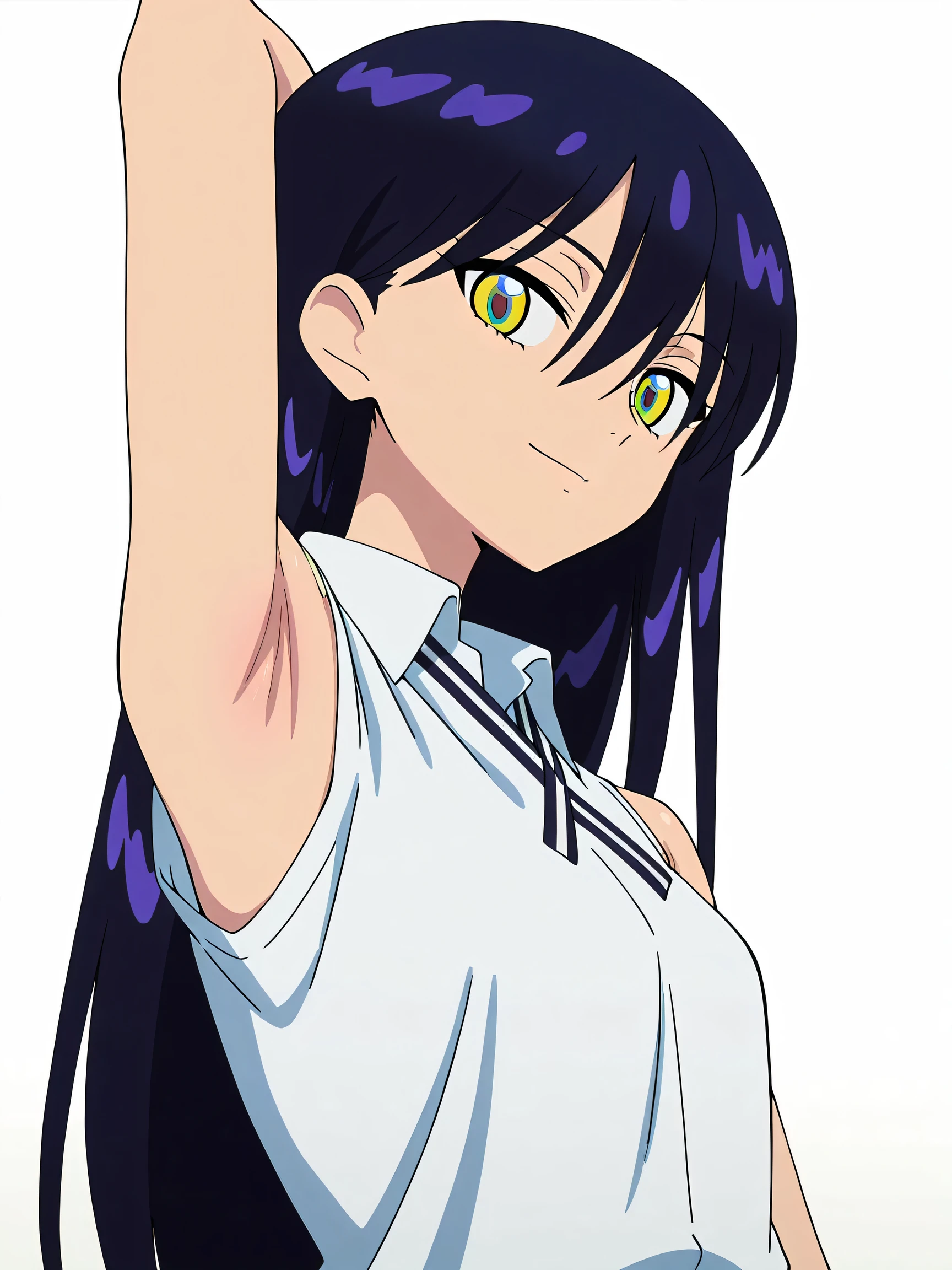 masterpiece, best quality, amazing quality, anime screencap, anime coloring, 1girl, solo, Nyann, long hair, multicolored eyes, dark purple hair, hair between eyes, school uniform, shirt, white shirt, ribbon, collared shirt, neck ribbon, sleeveless,  shoulders,  arms, arm behind head, armpit, armpit focus, head towards viewer, looking at viewer, smile, expressionless, closed mouth, white background, simple background, from side, from below, 