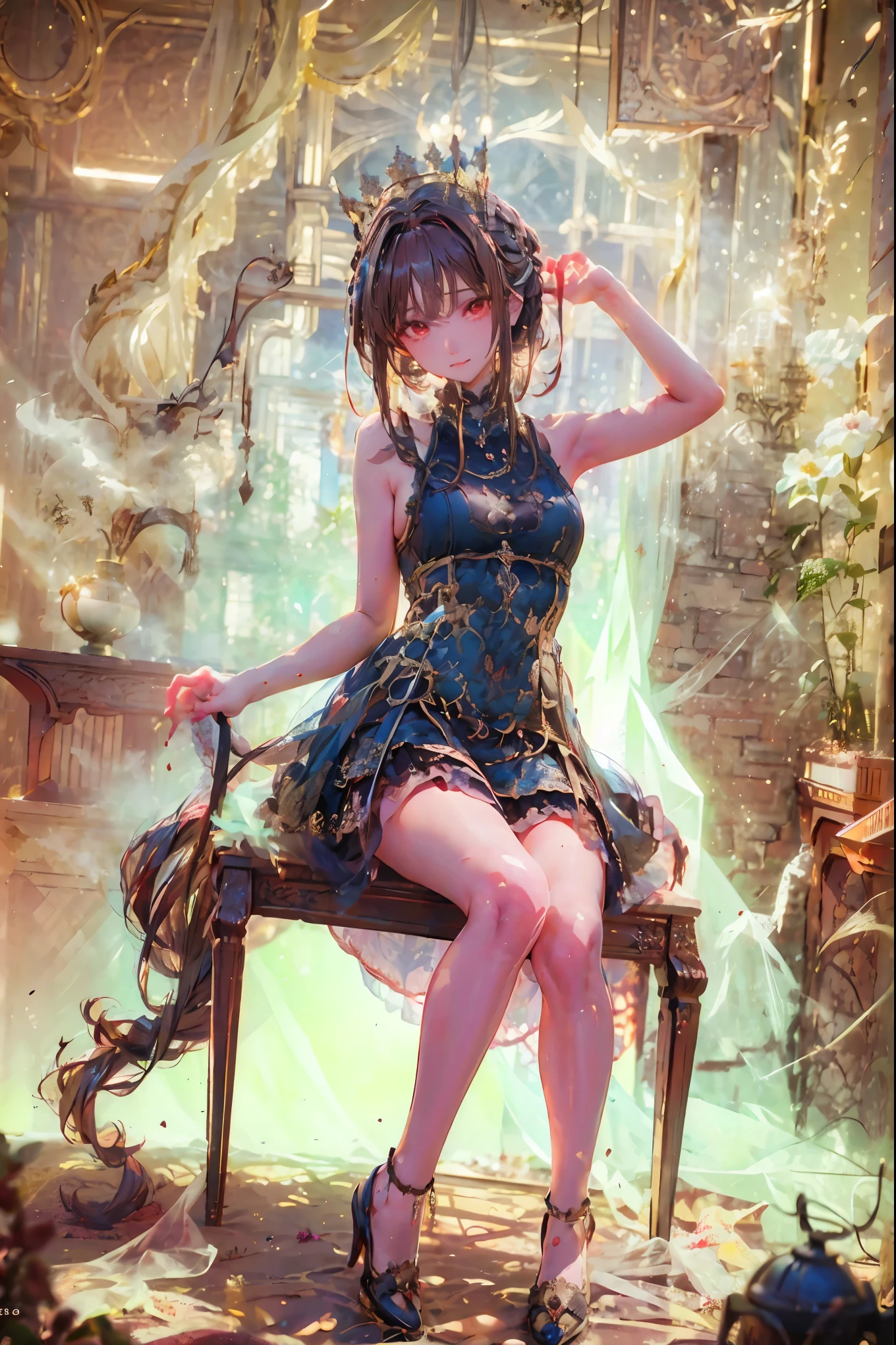 (((red eyes)))、(((Gold crown)))、year zero、night，The left eye lights up、A bewitching crimson eyed fairy with high quality red eyes and a sad expression、Sitting on a splendid chair in an abandoned castle、It looks like they are crossing their legs。luxurious crown，brown hair，shortcuts，unkempt hair，long skirt that comes off the shoulder straps，Short braided hair，Neat，slender beauty，correct posture，small breasted，Beautiful legs，Enchanting Gray-Blue Eyes Shine Like Stars，Saggy Eyes，Brilliant Colors,beautiful eyes,A delicate smile,Textured Skin,Best quality at its best,gentle and beautiful woman,anime style､darkness and moonlight shining in the background、there are multiple old portraits hanging that make you feel the passage of time。meteor、空から降り注ぐmeteor、無数のmeteor群、the color of determination floats in her mouth、a small flame shines thinly。detailed 4K rendering,Ultra High Definition,Photographic Realism,Professional,Extremely colorful,bokeh