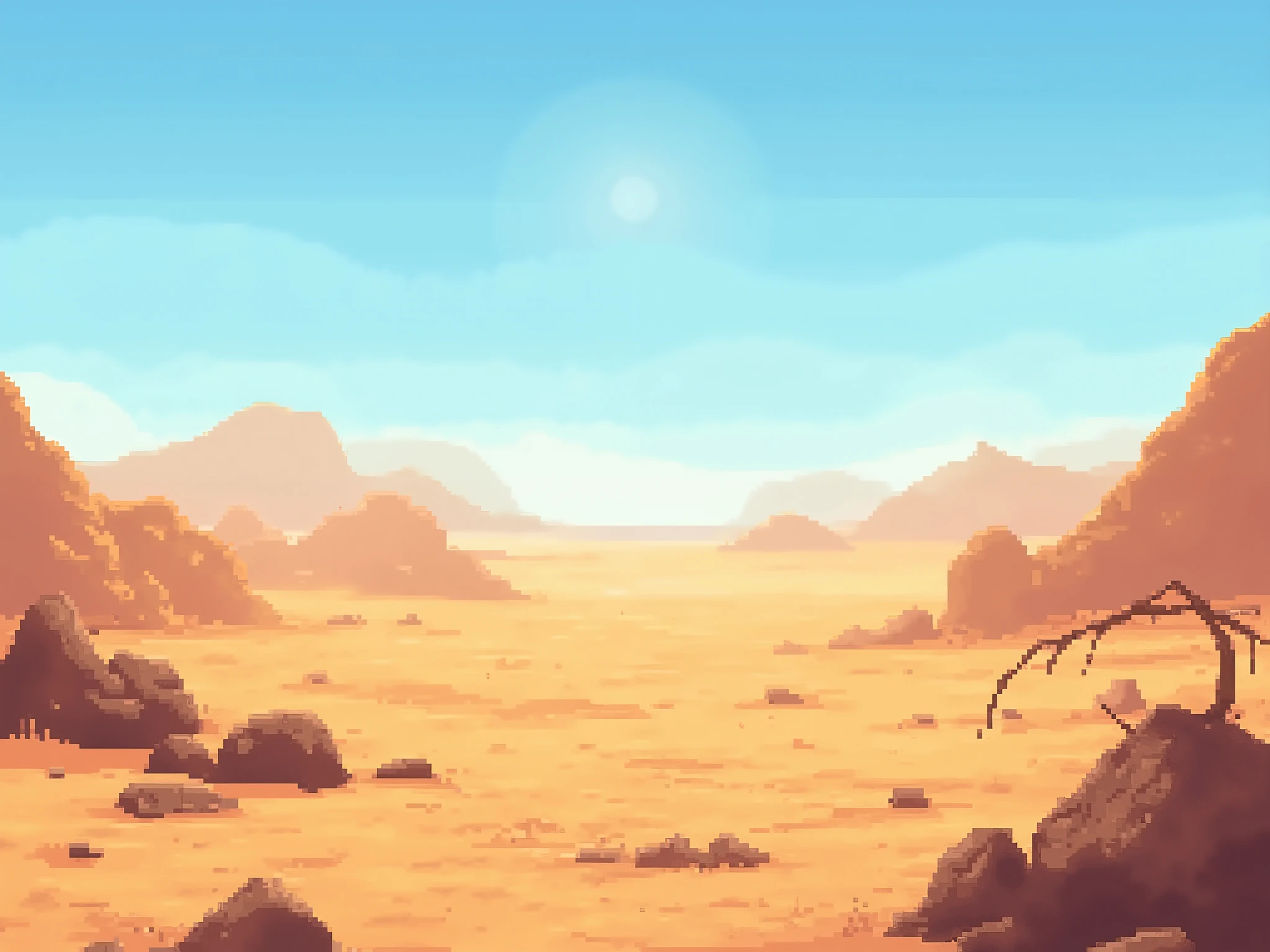 realistic pixel art desert landscape, vast dunes of sand under a scorching sun, dry cracked ground in the foreground, scattered rocks and withered shrubs, faint mirage on the horizon, occasional bones half-buried in the sand, clear blue sky fading into heat haze, detailed lighting and shadows, realistic natural tones, RPG fantasy travel background