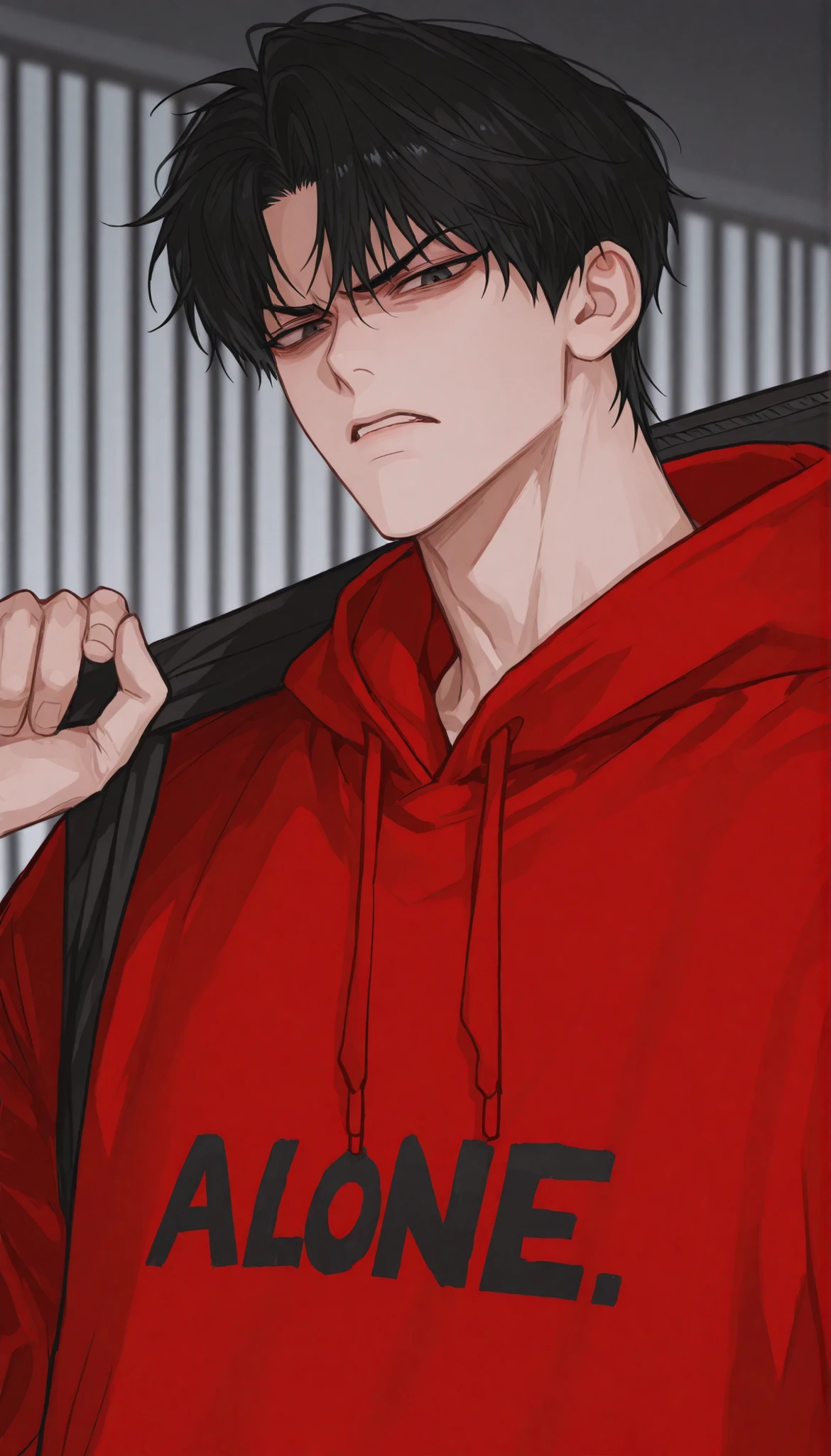 1 male、 solo, alone、hair is black、short hair、 red hoodie、black hair, muscled, glaring at viewer、carrying bag over shoulder, upper body