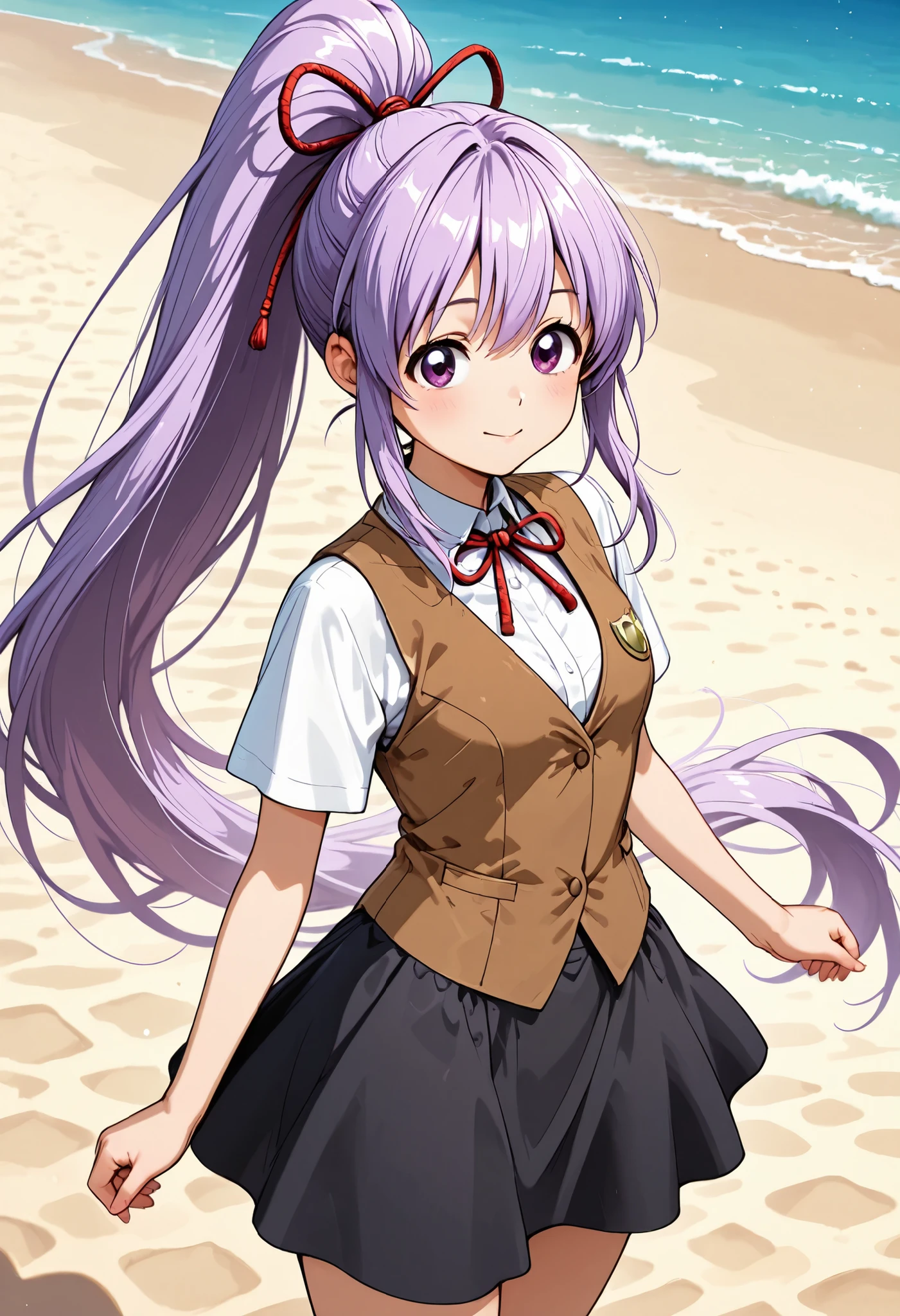 Highest Quality、Good quality、very beautiful、high resolution、Front shot、One personの女の子、One person,purple hair, Super long hair, Purple Eyes, High Ponytail, medium chest, Sandy Beach_white_Shirt, , white shirt, brown vest, black skirt, cowboy short、（ Shorts inside a skirt:1.5）、(skirt that flutters in the wind:1.2)