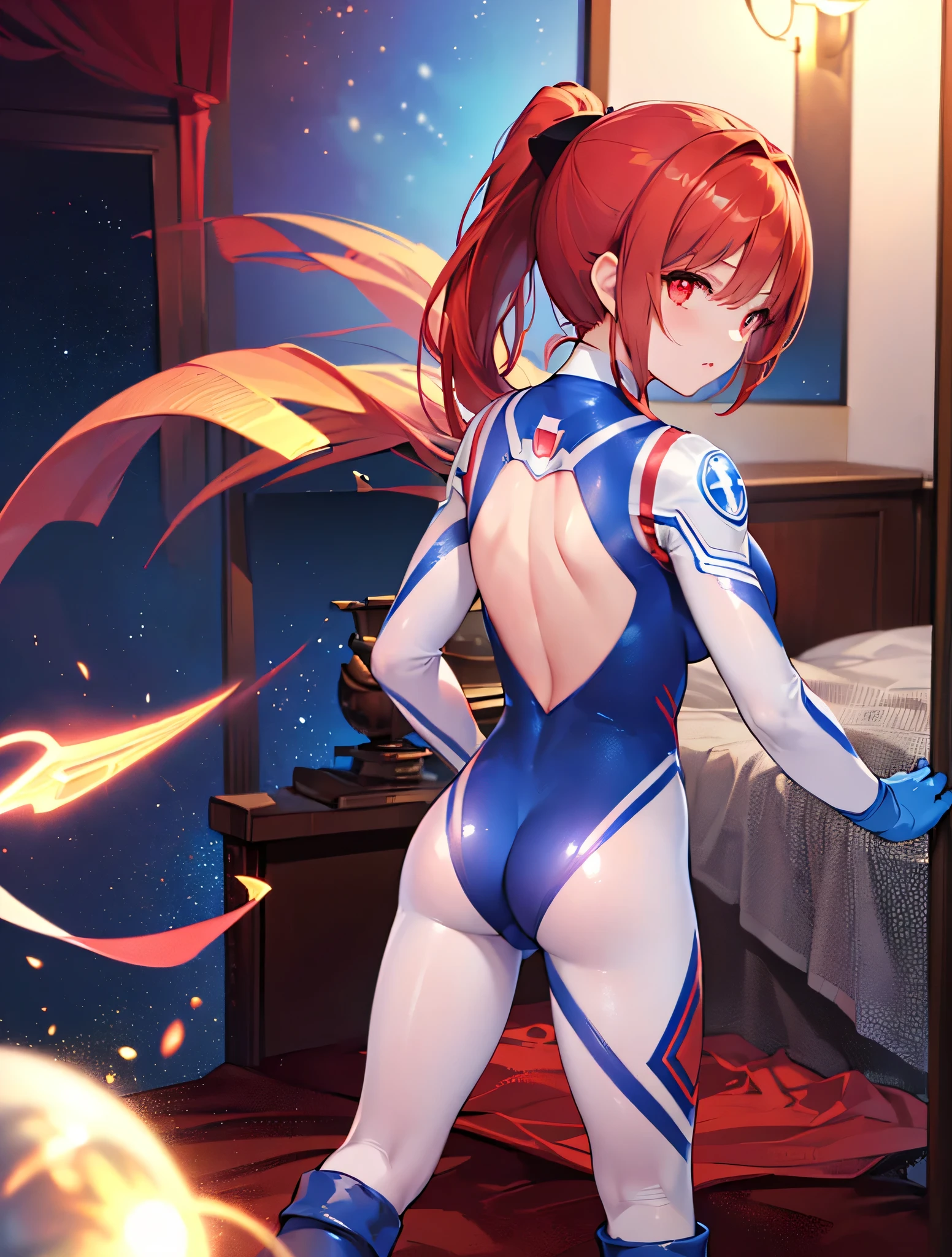 Close-up,highest quality, ultra detail, High quality CG drawing, The most delicate and beautiful, Floating gently, High resolution, (1 girl), (Highest image quality,4K,8K,masterpiece:1.2),(all red hair:1.5),(short bob:1.5),bangs bangs,(red eyes:1.5), (ultra girl :1.0), (silver and red ultraman ????????:1.4),slightly bigger ???????,(Turn your back to your audience:1.3),????