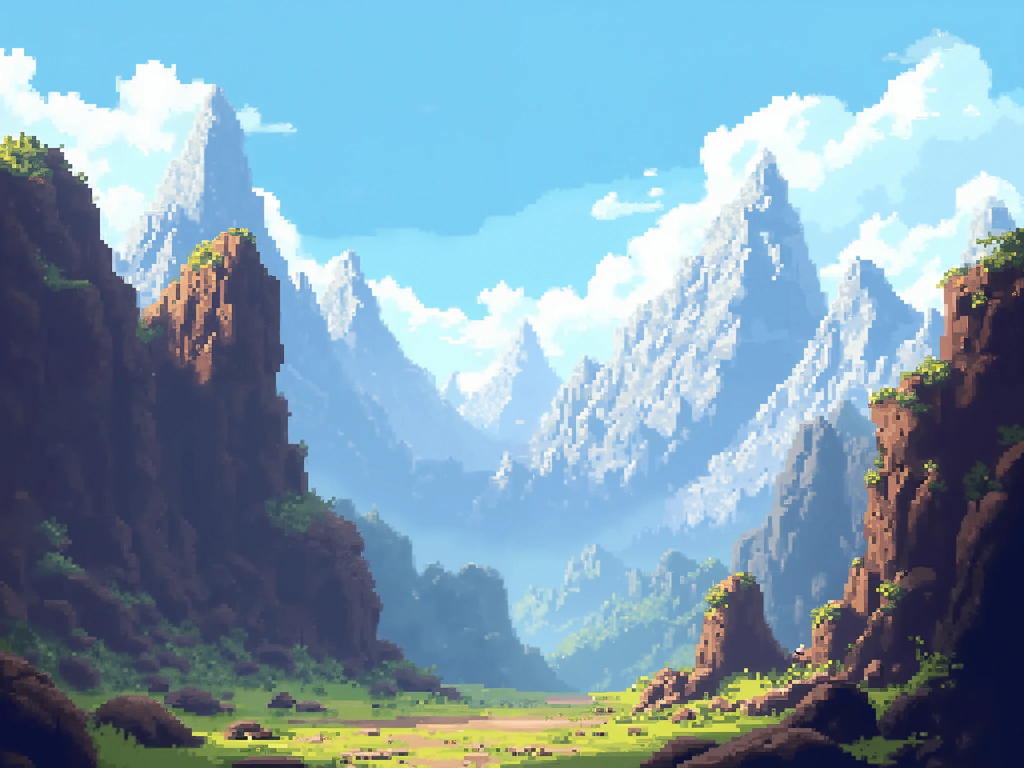 pixel art mountain landscape, towering rocky peaks with snow caps, rugged terrain with cliffs and boulders, patches of grass and dirt in the foreground, distant mountains fading into mist, clear blue sky with a few clouds, 16-bit RPG battle background style, detailed pixel shading, vibrant yet natural colors, central area open for characters, retro SNES fantasy aesthetic, no characters, focus purely on scenery, 16:9 aspect ratio