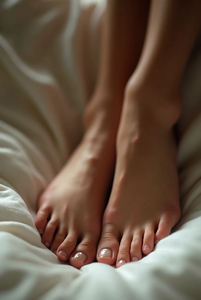 Foot picture with white nails. Look realistic and young. Photographed from the front on a blanket. Darkly lit. 