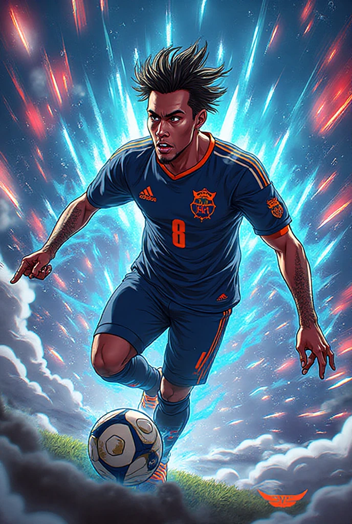 Ronaldinho gaucho full body, wearing a wizard's hat, shirt of the Brazilian team, doing magic with several soccer .