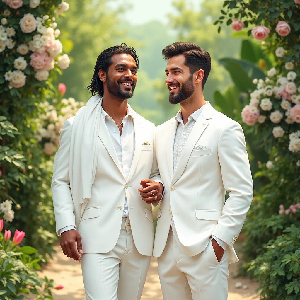 candid a photo of 2man, an attractive and charming, a graceful contrapposto stance (in a field of vibrant swirling flower), good looking, masculine appearance, slender, delicate and symmetrical face, natural olive skin tone, (wearing white outfits with sheer rainbow color fabric details, backdrop of a flowing dramatically in the wind rainbow, soft sunrise scene, Illuminate with soft diffused lighting to create a dreamlike celestial atmosphere, capturing the delicate interplay of light and shadow on face and body, ((full body shot)), wide-angle lens on a high-resolution DSLR camera to capture the grandeur and intricate details of the setting, while shooting dynamic angle to emphasize the model's majestic presence, Canon EOS R6 camera with a 50mm f/1.8 lens, f/2.2 aperture, shutter speed 1/200s. ISO100, by Thomas Synnamon, professional fashion photographer, The overall mood blend the classical elegance of the modern, high-fashion aesthetic, producing an image that feels both timeless and contemporary, raw photo, ((masterpiece)), ((best quality)), High Resolution, (ultra_realistic), (photorealistic, ((Pay attention to the layer and arrangement of model and surrounding objects)), ((Pay attention to the body composition)), ((Correct body structure)), ((Correct photo distance)), romantic atmosphere, lively extremely Gorgeous background), gay, LGBTQ,  