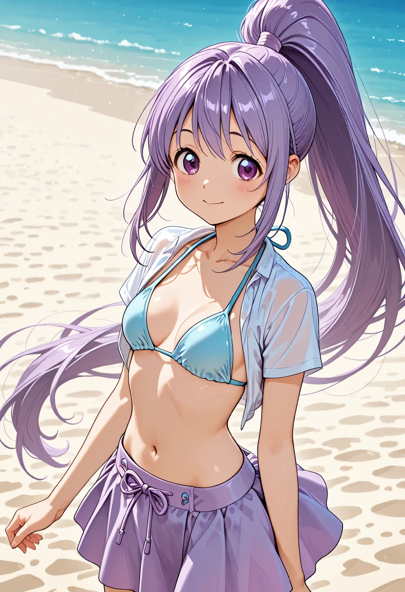 Highest Quality、Good quality、very beautiful、high resolution、Front shot、One personの女の子、One person,purple hair, Super long hair, Purple Eyes, High Ponytail, medium chest, Sandy Beach_white_Shirt, , light blue swimsuit, cowboy short、( Swimsuit inside a skirt:1.5)、(skirt that flutters in the wind:1.2)