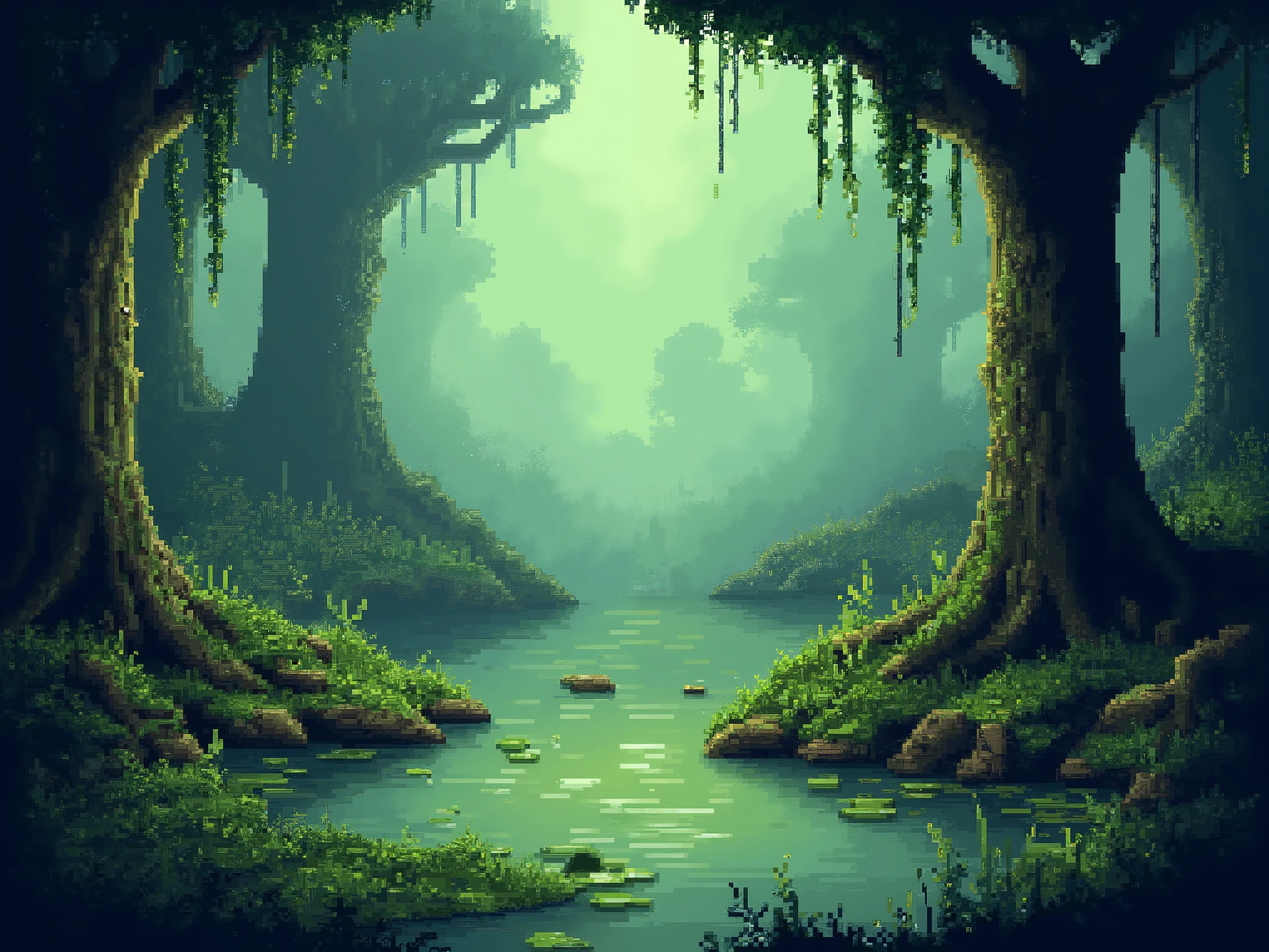 pixel art swamp landscape, murky green waters with patches of mud and grass, twisted trees with hanging moss, foggy atmosphere with soft light filtering through, scattered reeds and lily pads, reflections on the water, dark yet colorful palette, 16-bit RPG battle background style, detailed pixel shading, retro SNES fantasy aesthetic, central area open for characters, no characters, 16:9 aspect ratio, focus on scenery only