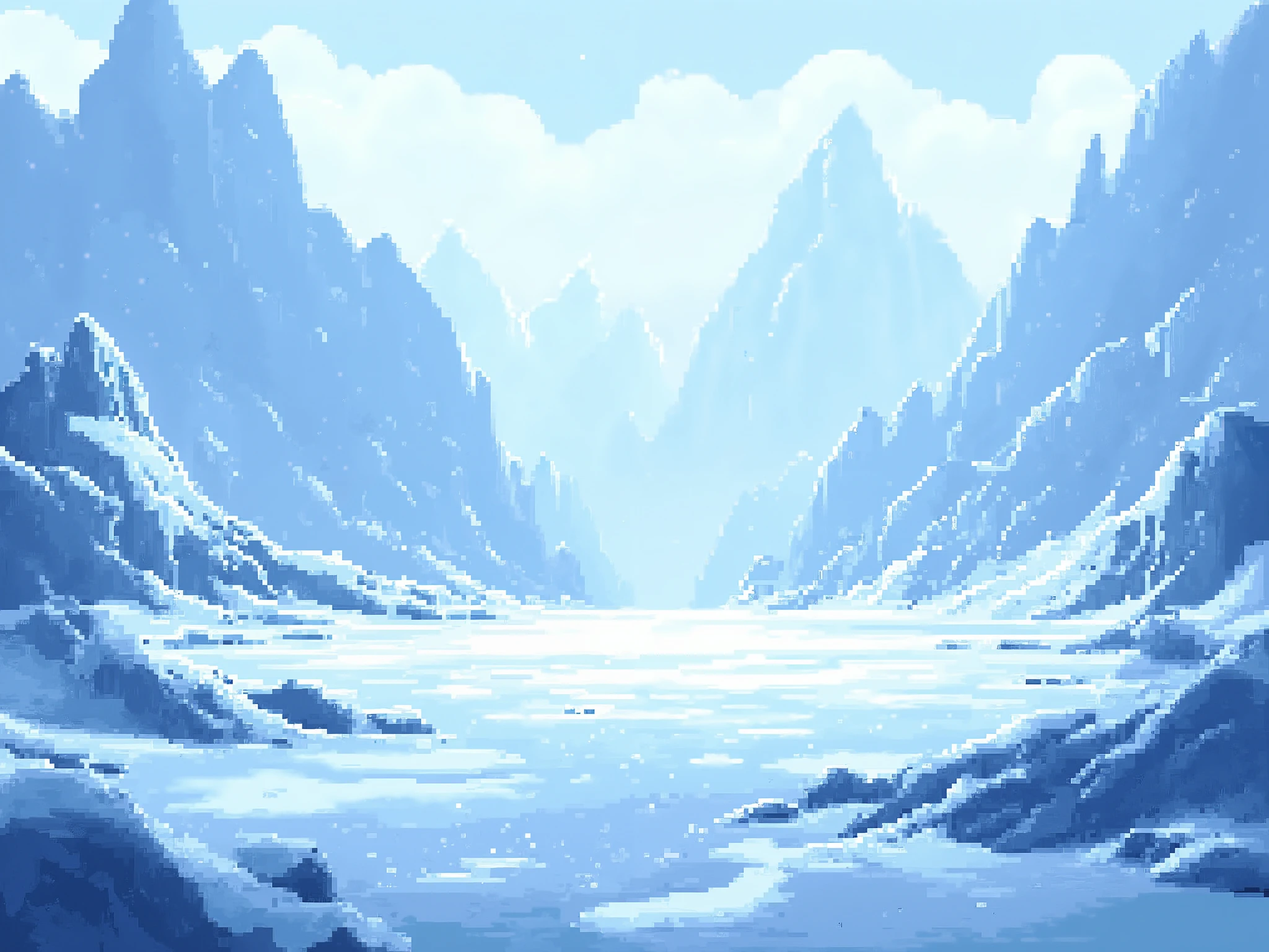 pixel art glacier landscape, vast icy terrain with cracks and crevasses, shimmering blue and white tones, frozen cliffs and ice formations, soft sunlight reflecting on the surface, cold mist in the distance, snow particles drifting in the air, 16-bit RPG battle background style, detailed pixel shading, retro SNES fantasy aesthetic, open area in the center for characters, no characters, 16:9 aspect ratio, focus on scenery only