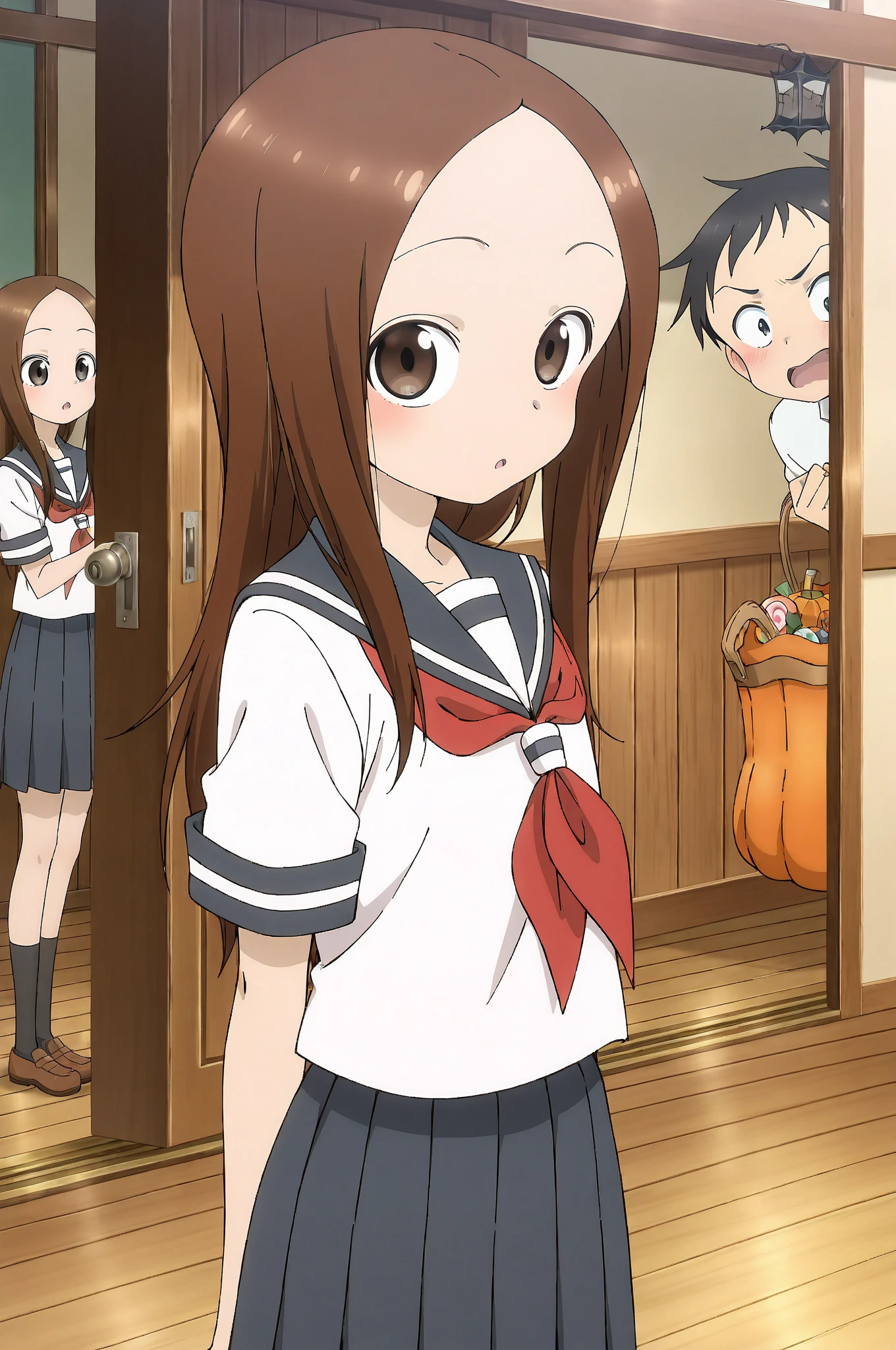 masterpiece, best quality, highres,1girl, chiyo,(petite,chibi),high twintail, manga,comic,cute pose,dynamic angle,classroom,  Light pink Shirt, Red skirt, 