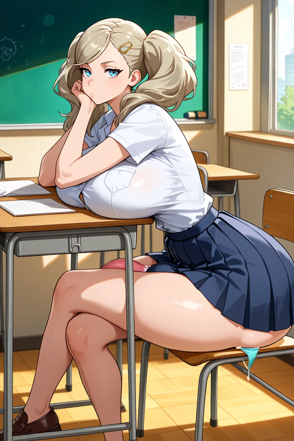 score_9, score_8_up, score_7_up, score_6_up, score_5_up, score_4_up, BREAK
1girl, hetero,  schoolgirl leaning forward to pick up a pen, classroom on the background, evening town behind the window,
 BREAK
female with  legs, female in high heel shoes,
 (female with muscular legs:0.3),   (female with tanned skin:0.4),
 BREAK
comic, exclamation, sound effects, emotion signs, action marks, sound signs, motion lines, live stream,  punishment, male domintaion,  dialogue BREAK
low angle,  BREAK
detailed background, detailed surroundings, detailed skin BREAK