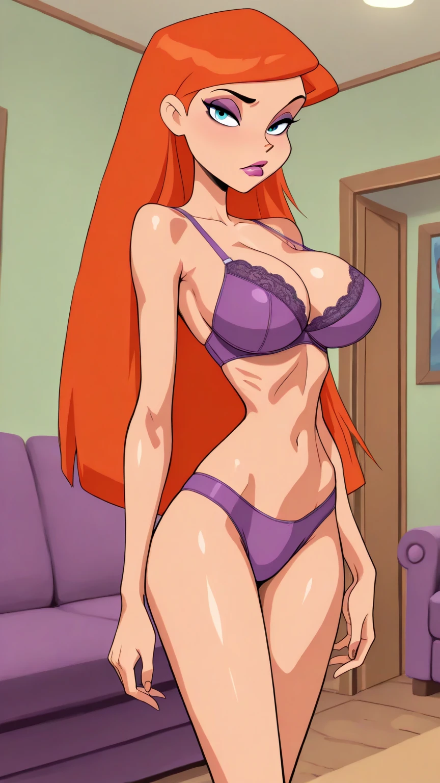 ((masterpiece)), ((best quality)), ultra detailed, detailed background, orange hair, extreme large , long hair, bedroom background, view from top,  thin purple intricate lingerie , highest details, , focus, Alluring, ((POV)), ((( focus))), enjoying the moment, happy,  smile, green eyes, sitting in my lap, hot, ,  