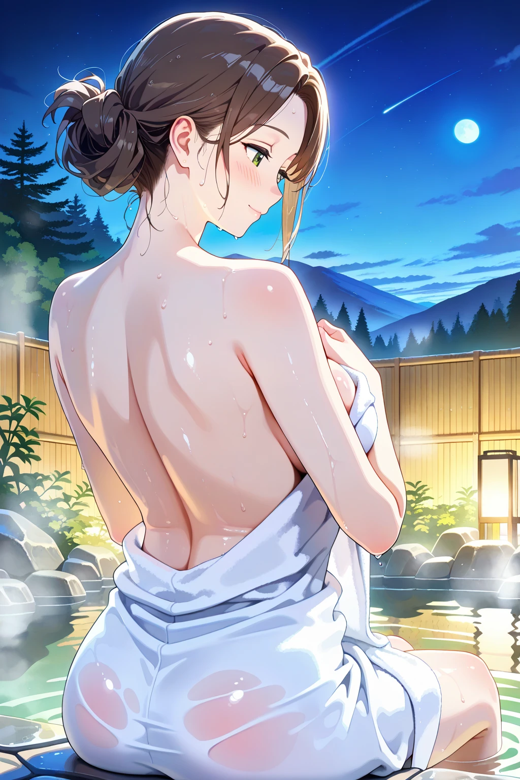 score_9,score_8_up,score_7_up,source_anime, 1girl, solo <lora:NSMarnieStardew:0.9> NSMarnieStardew, single braid, brown eyes, brown hair, towel, wet towel, covered nipples,looking at viewer, looking down, wet, wet body, from side, steam, lounging, sitting, partially submerged, outdoors, onsen, east asian architecture, dark, night, starry sky,