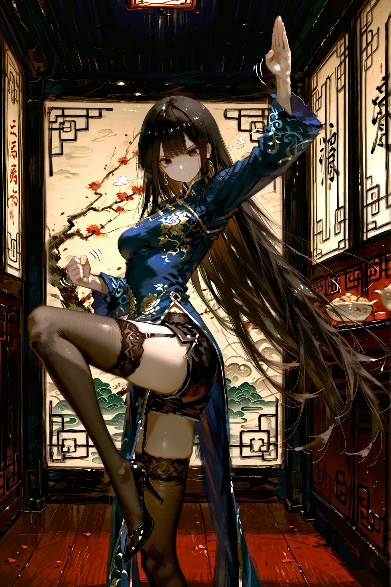 (masterpiece, detailed:1.2), highest quality, Ultra High Quality, 40k, solo, Beautiful and delicate girl,
Extremely long hair, black hair, Diagonally trimmed bangs, trimmed bangs, low tide Long hair, blown eyes, ((perfect eyes)), (medium breasts),
blue China dress with gold floral embroidery, high stockings with garter belt,
black shorts, black high heels,
BREAK.
((kung fu stance)), portrait, side view, looking viewer, (Facing viewer), ((one leg up to viewer)), (motion blur:0.6), ((motion effects)),
BREAK.
in Chinese restaurant, ((indoors)), crimson wallpaper, dark brown floor,
in the center of a narrow, dilapidated slum alley. Her hair flows dramatically in the wind, enhanced by swirling air currents and dust trails around her, suggesting afternoon sunlight filtering through the haze.  evoking both determination and beauty. 
BREAK,
beautiful background, depth of field, battle atmosphere, ((beautiful dark lighting)),  dark lighting, perspective, (detailed lighting), rim lighting, ((sharp focus)), solo, residential, looking viewer, beautiful light, 22:00, mid night, SFW, Cinematic.